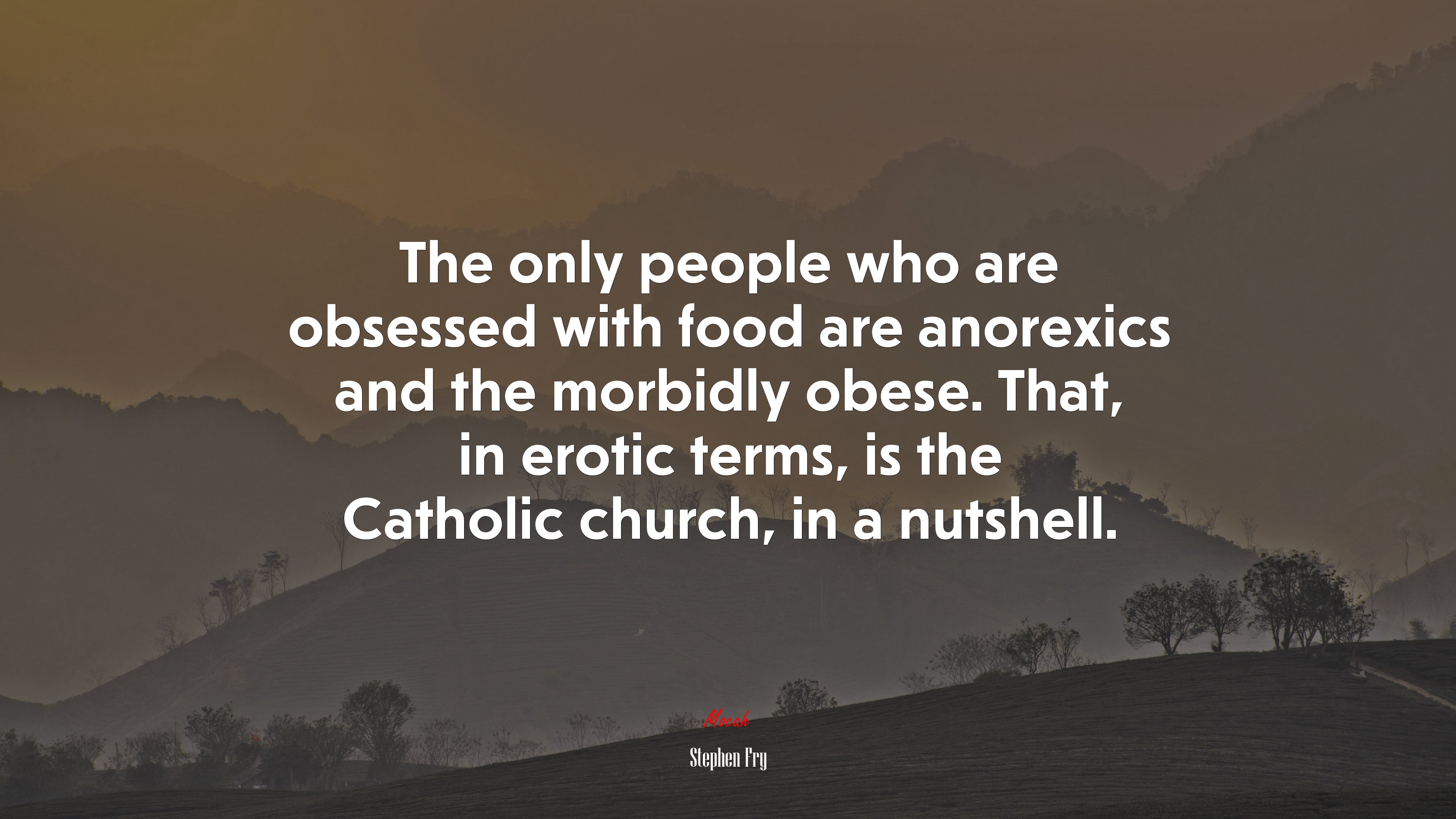 The only people who are obsessed with food are anorexics and the morbidly obese. That, in erotic terms, is the Catholic church, in a nutshell. | Stephen Fry quote HD Wallpaper