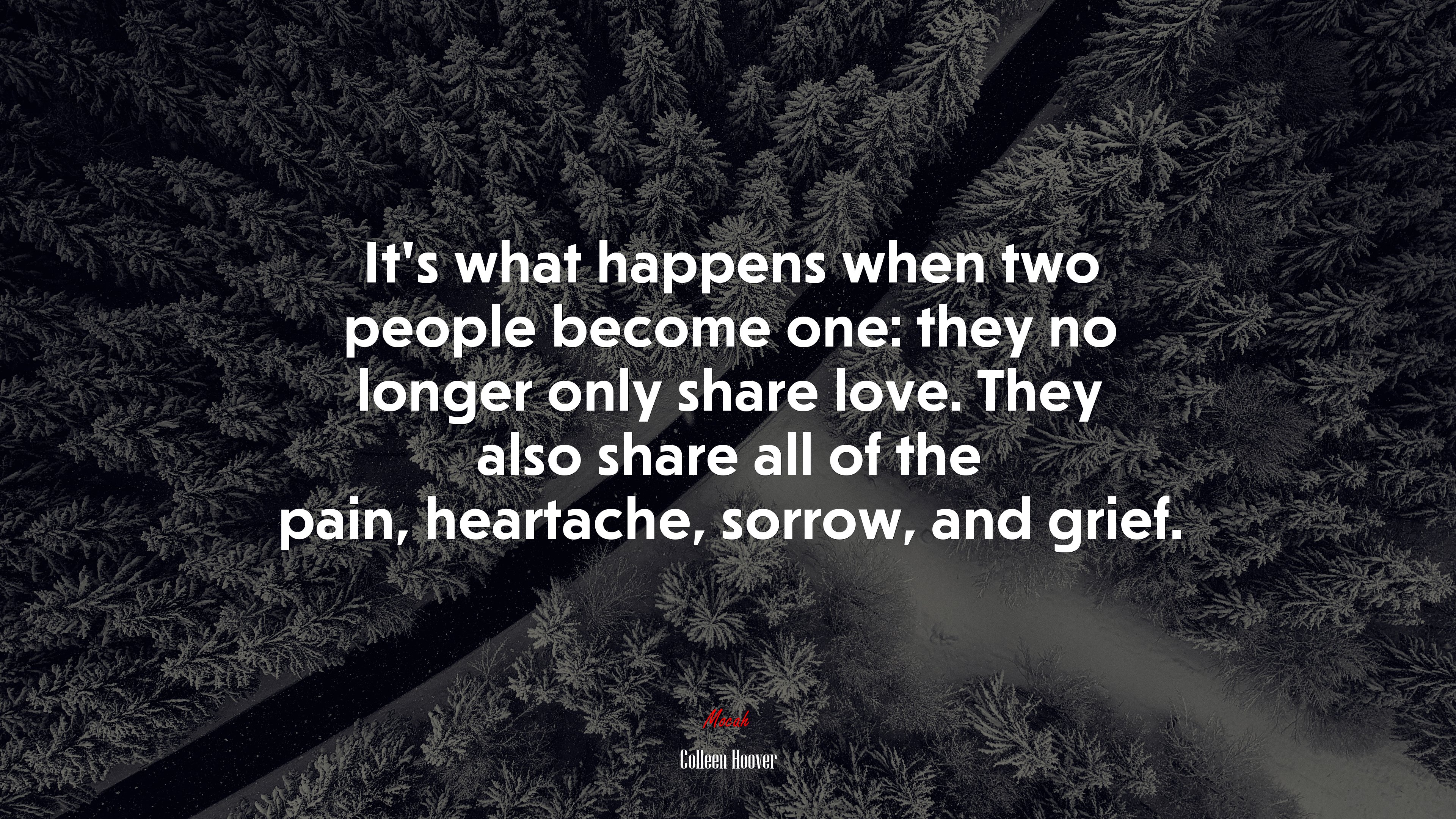 It’s what happens when two people become one: they no longer only share love. They also share all of the pain, heartache, sorrow, and grief. | Colleen Hoover quote HD Wallpaper