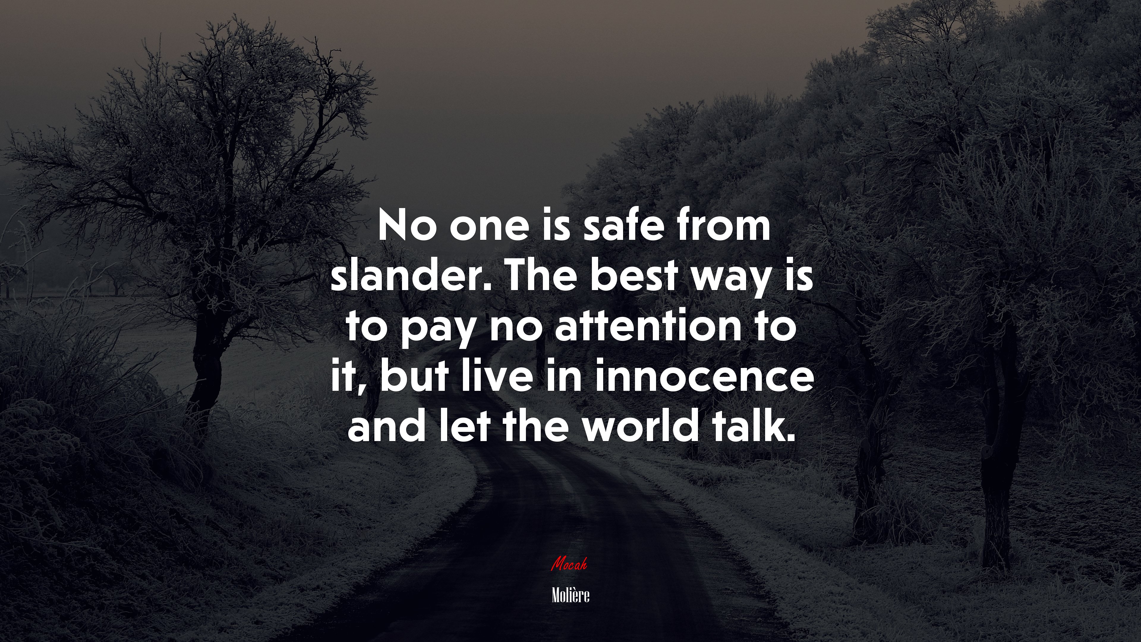 No one is safe from slander. The best way is to pay no attention to it, but live in innocence and let the world talk. | Molière quote HD Wallpaper