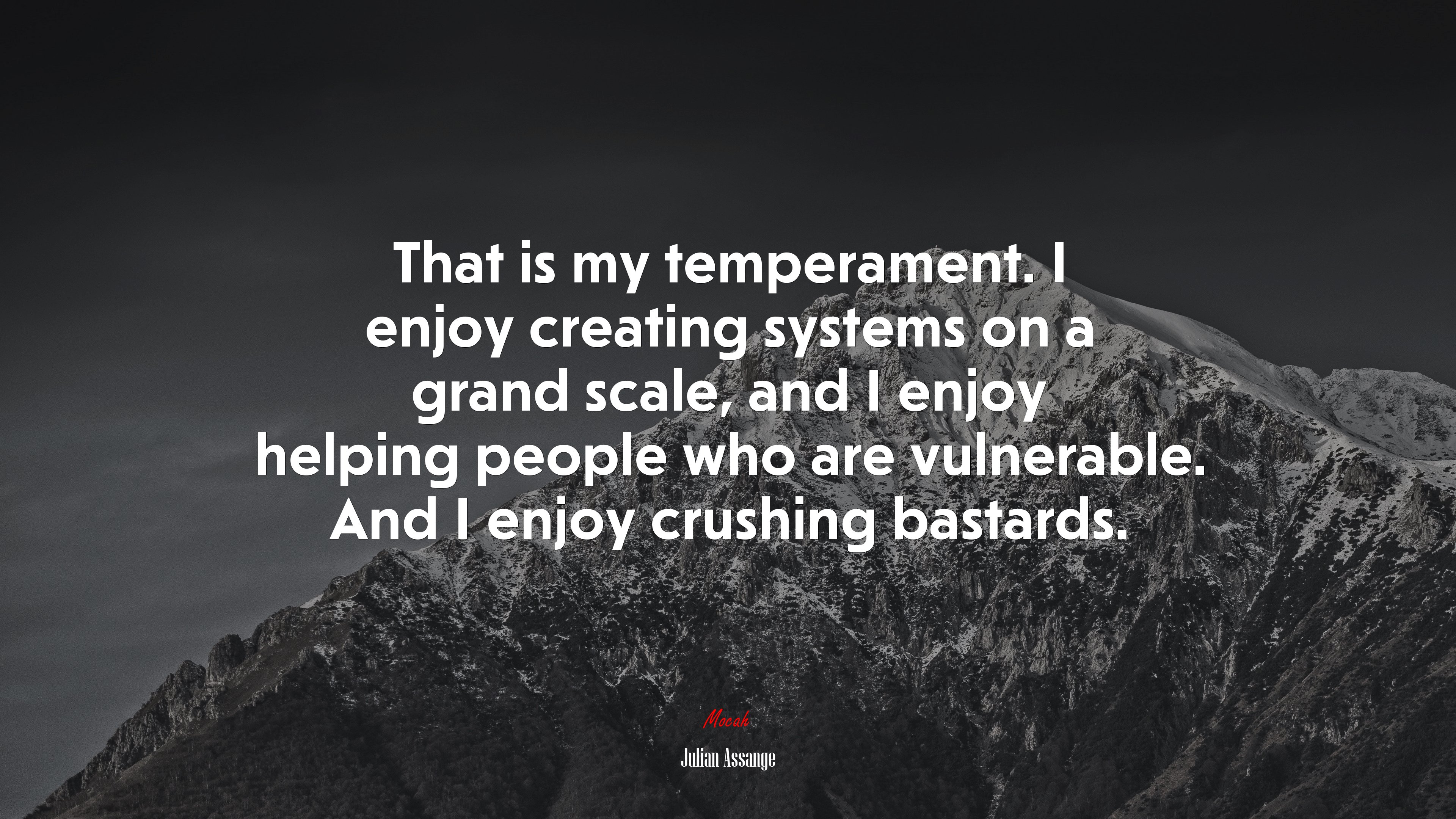 That is my temperament. I enjoy creating systems on a grand scale, and I enjoy helping people who are vulnerable. And I enjoy crushing bastards. | Julian Assange quote HD Wallpaper