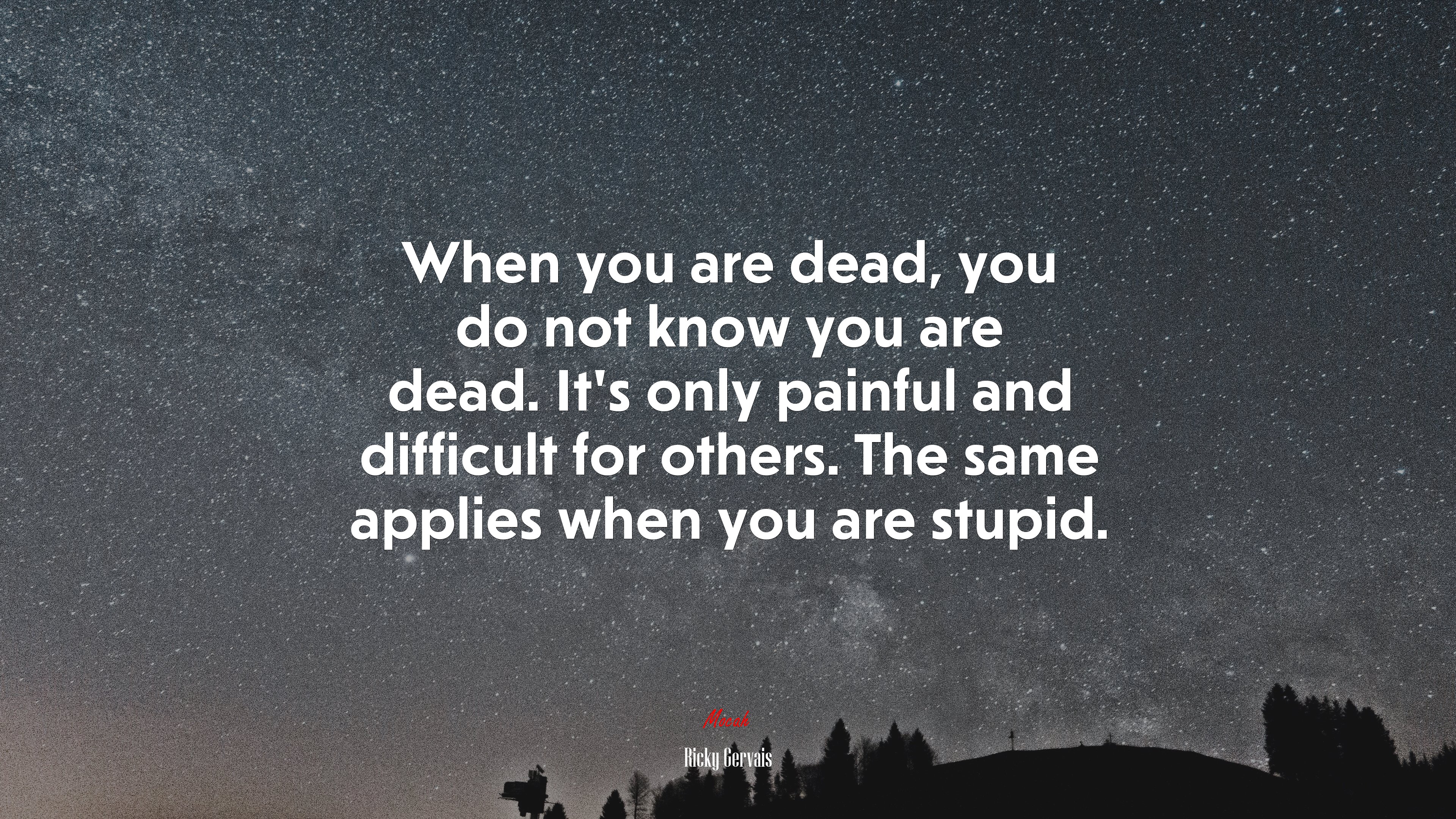 When you are dead, you do not know you are dead. It’s only painful and difficult for others. The same applies when you are stupid. | Ricky Gervais quote HD Wallpaper
