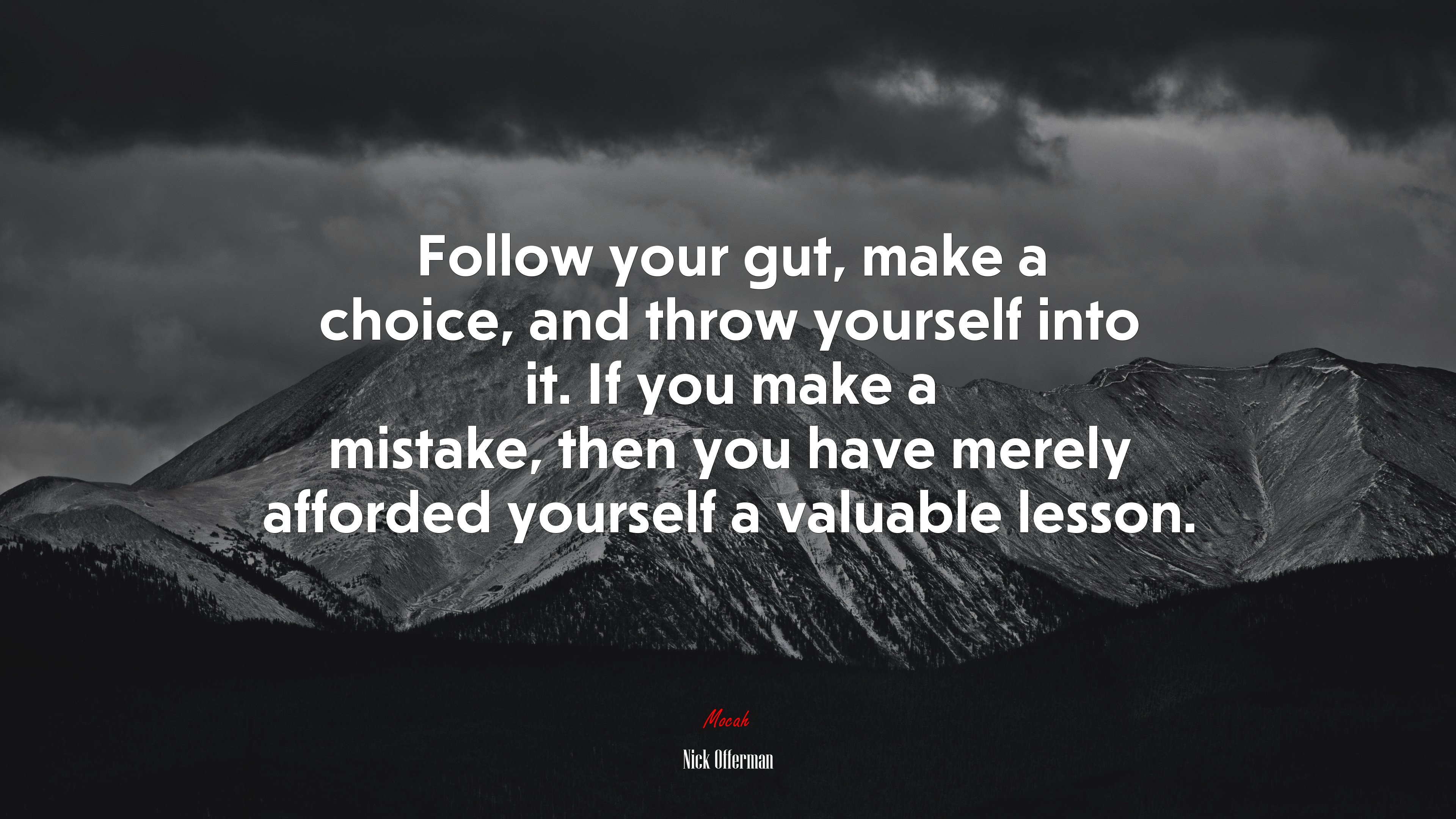 Follow your gut, make a choice, and throw yourself into it. If you make a mistake, then you have merely afforded yourself a valuable lesson. | Nick Offerman quote HD Wallpaper