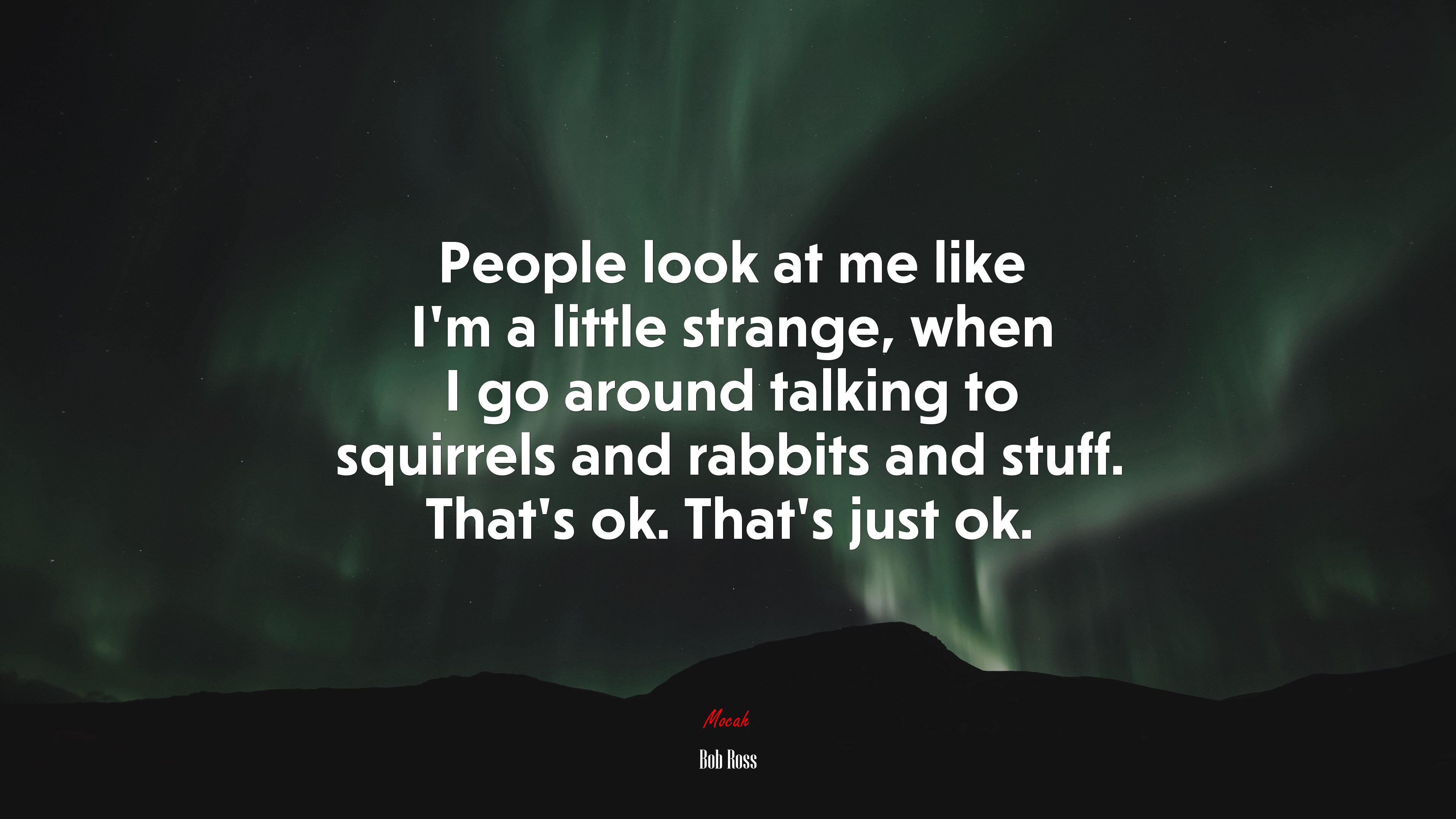 People look at me like I’m a little strange, when I go around talking to squirrels and rabbits and stuff. That’s ok. That’s just ok. | Bob Ross quote HD Wallpaper