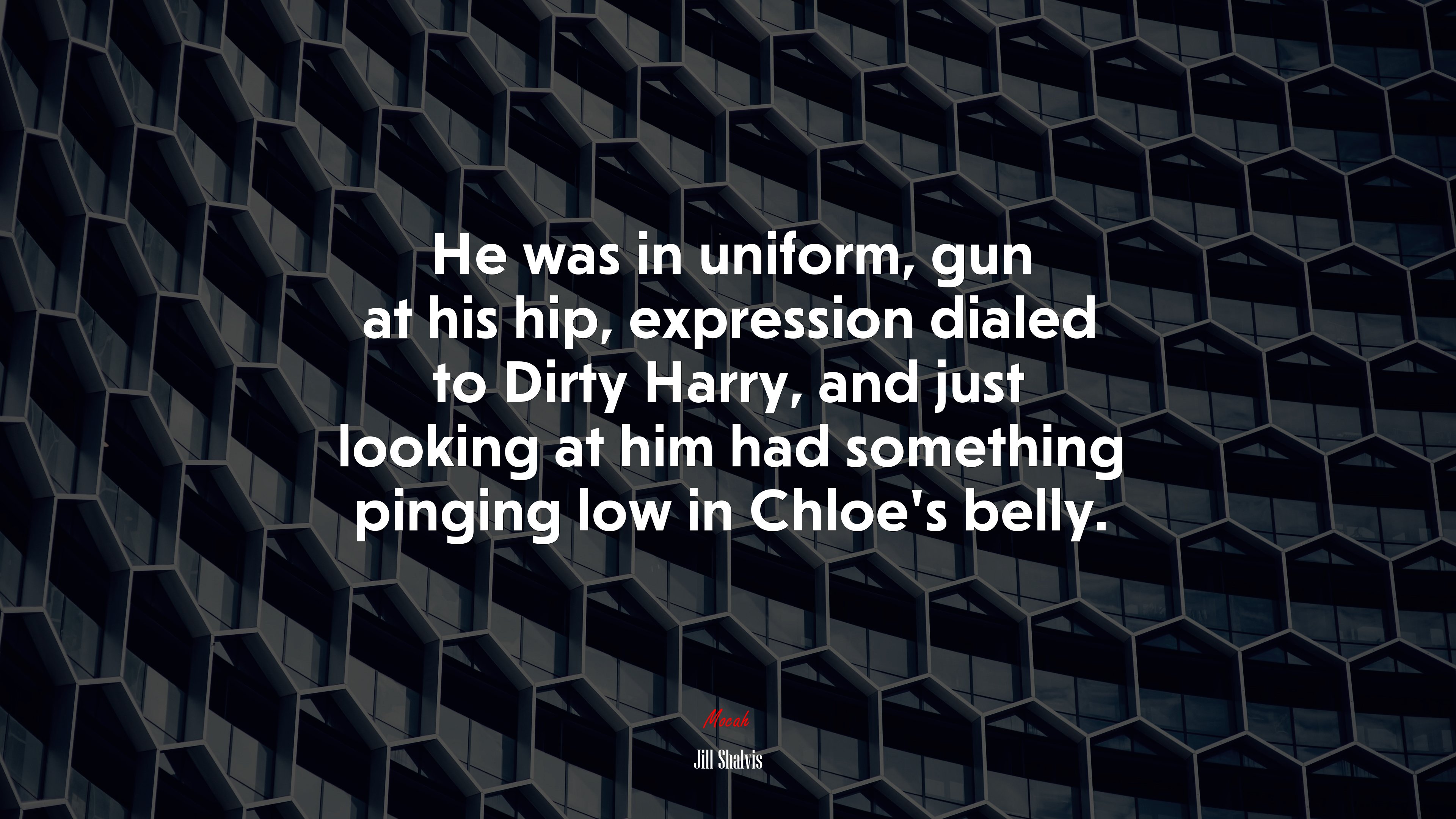 He was in uniform, gun at his hip, expression dialed to Dirty Harry, and just looking at him had something pinging low in Chloe’s belly. | Jill Shalvis quote HD Wallpaper