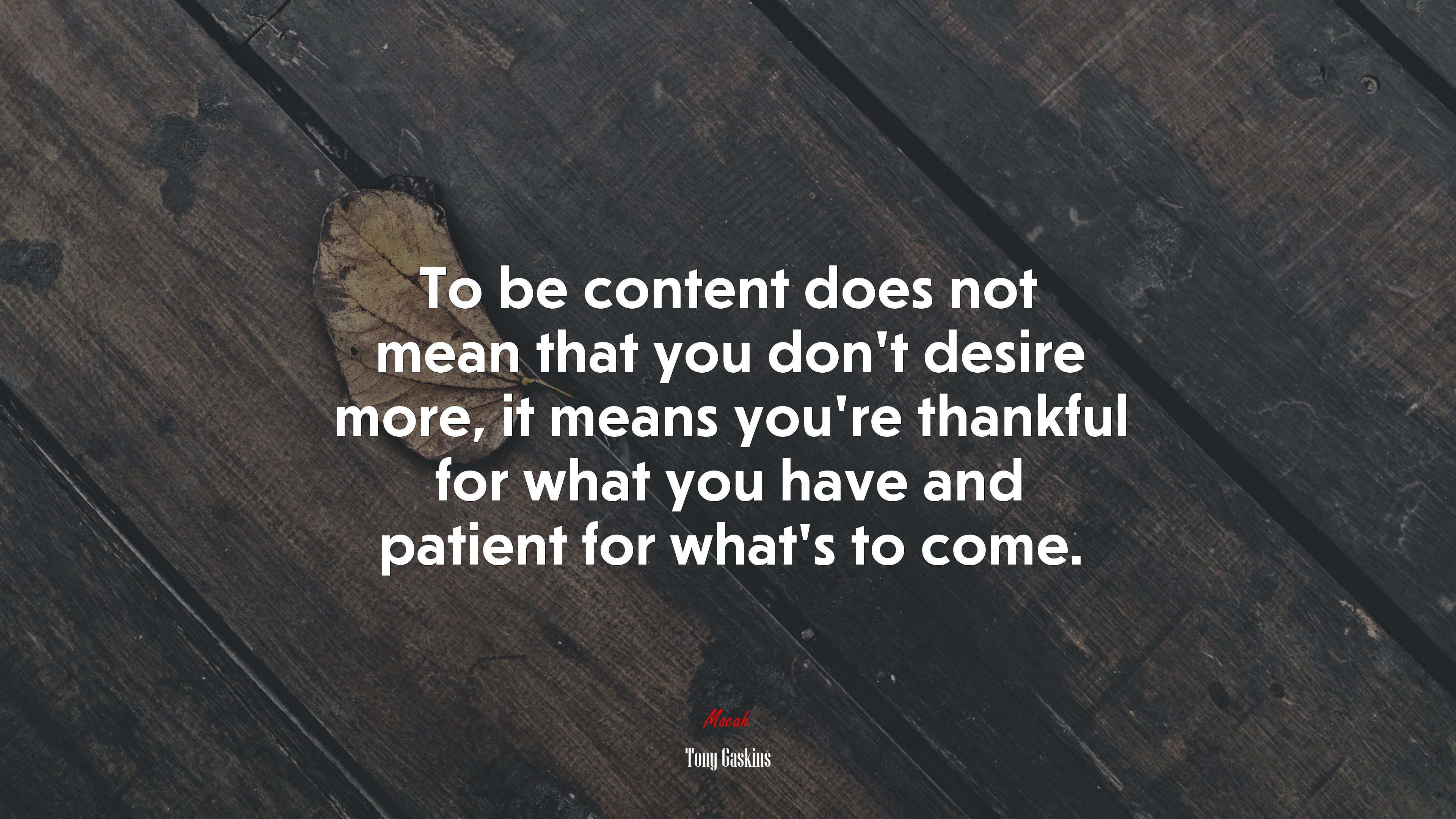 To be content does not mean that you don’t desire more, it means you’re thankful for what you have and patient for what’s to come. | Tony Gaskins quote HD Wallpaper