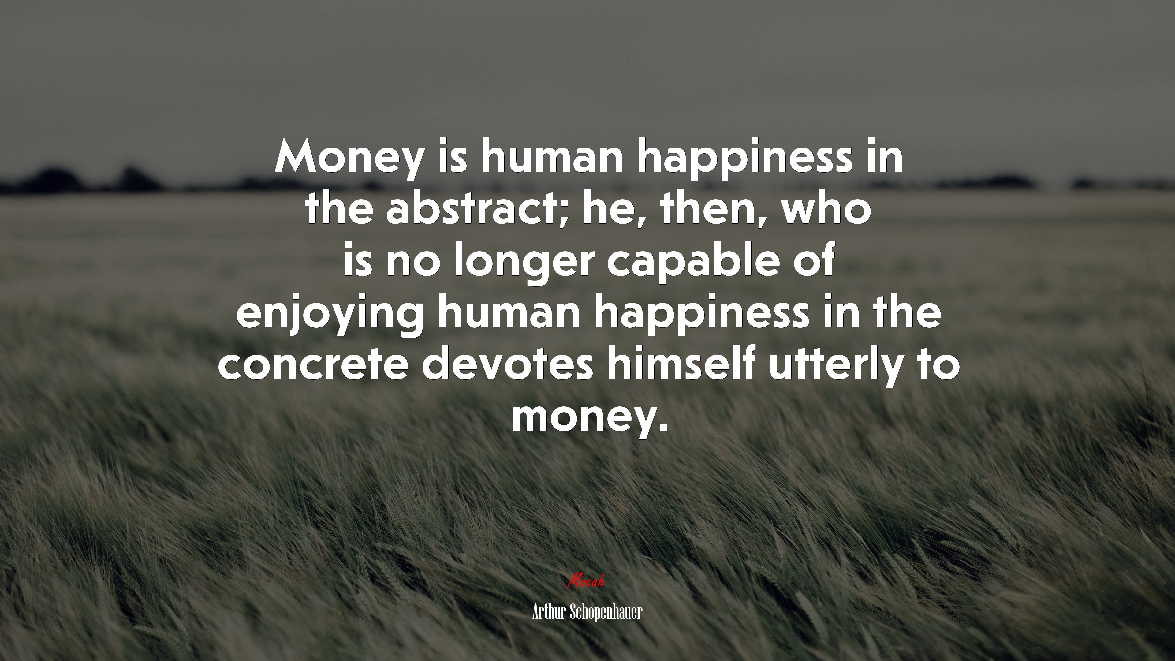 Money is human happiness in the abstract; he, then, who is no longer capable of enjoying human happiness in the concrete devotes himself utterly to money. | Arthur Schopenhauer quote HD Wallpaper
