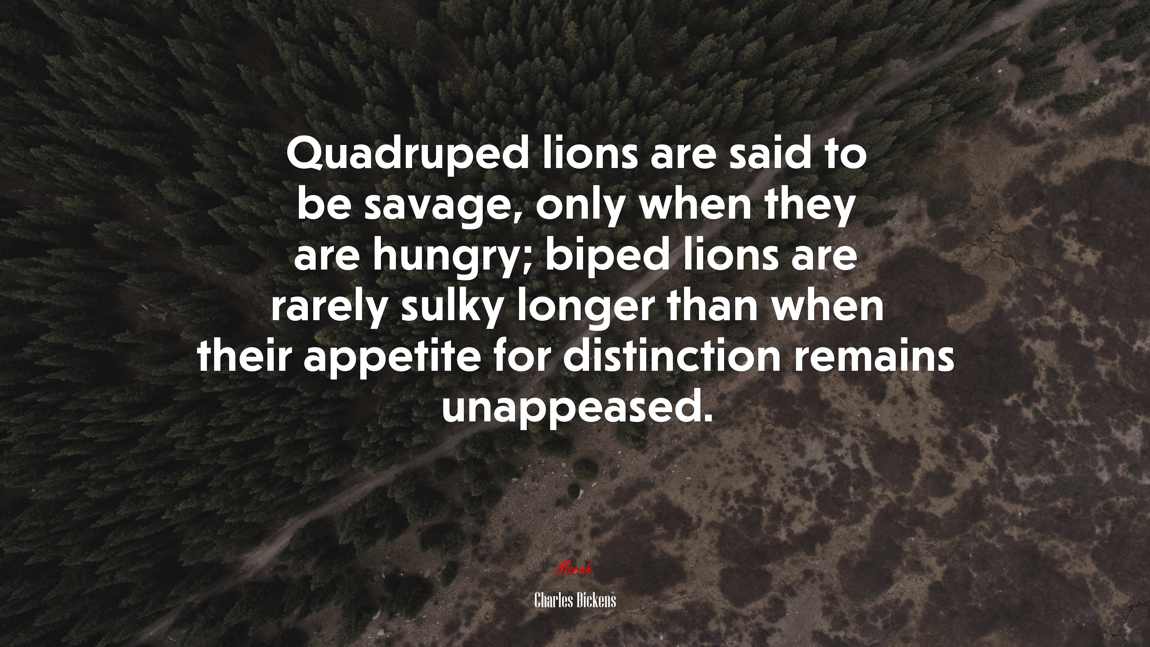 Quadruped lions are said to be savage, only when they are hungry; biped lions are rarely sulky longer than when their appetite for distinction remains unappeased. | Charles Dickens quote HD Wallpaper