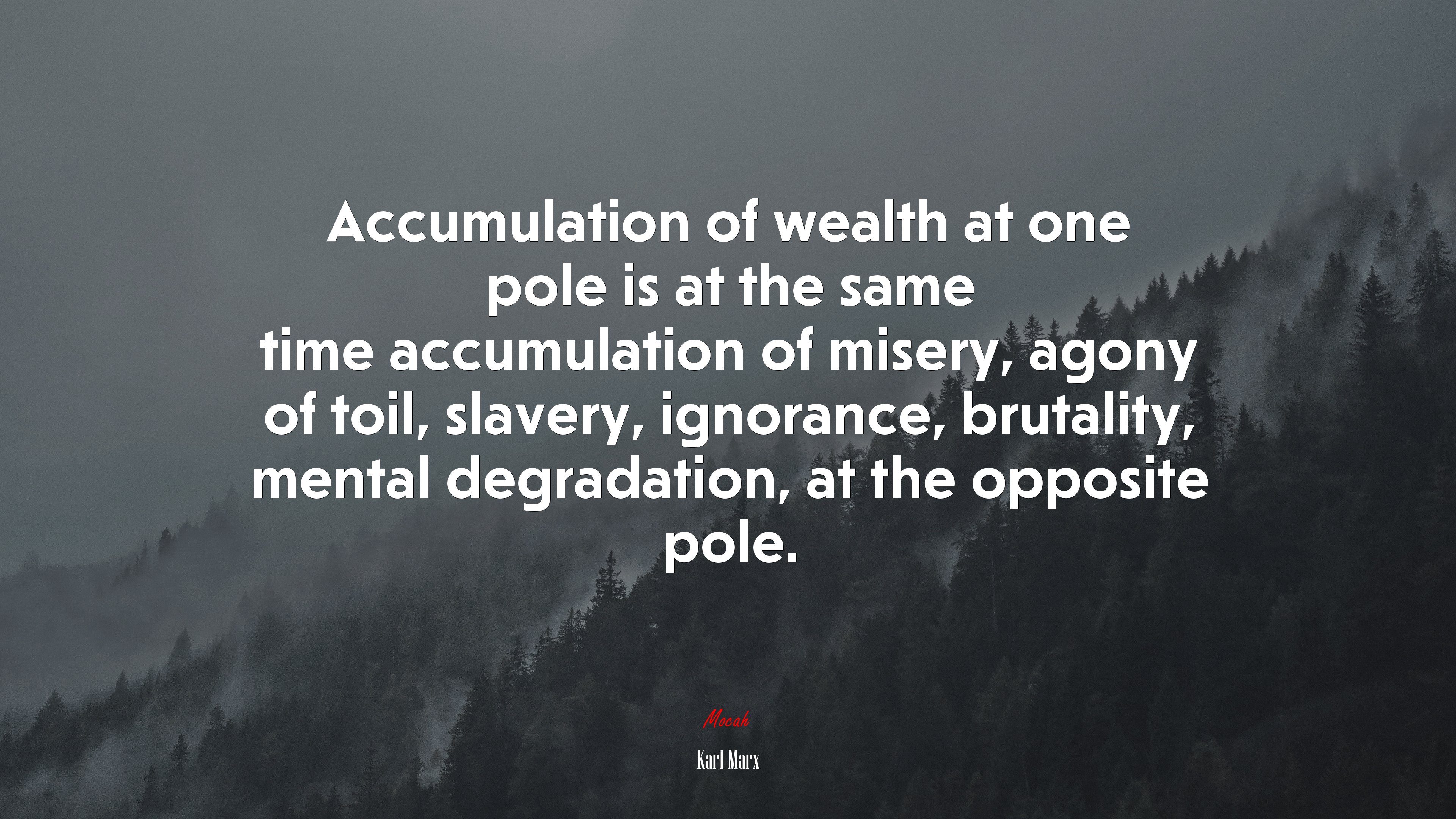 Accumulation of wealth at one pole is at the same time accumulation of misery, agony of toil, slavery, ignorance, brutality, mental degradation, at the opposite pole. | Karl Marx quote HD Wallpaper