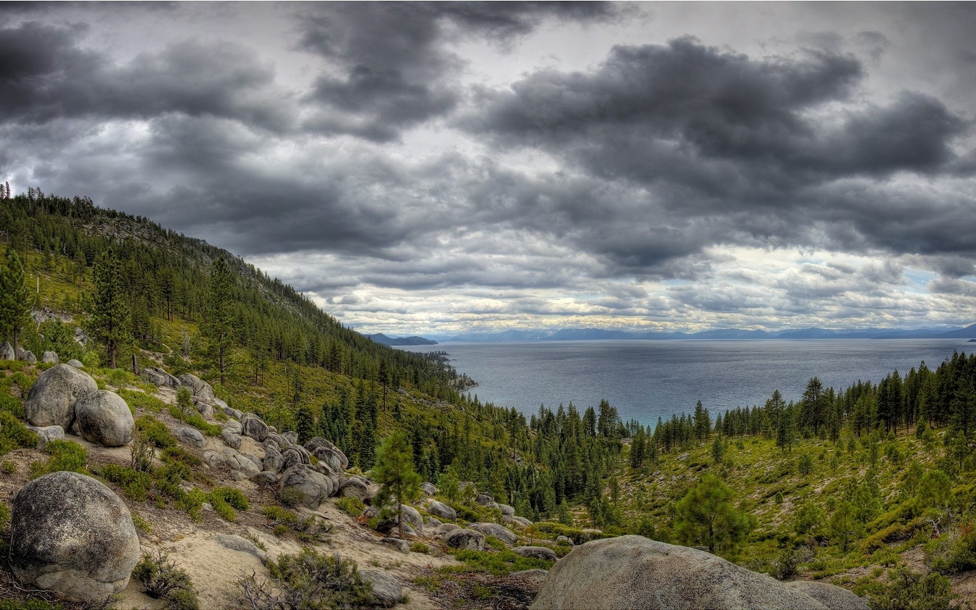 Stormy Sky Over Lake Tahoe and Pine Forest HD Wallpaper