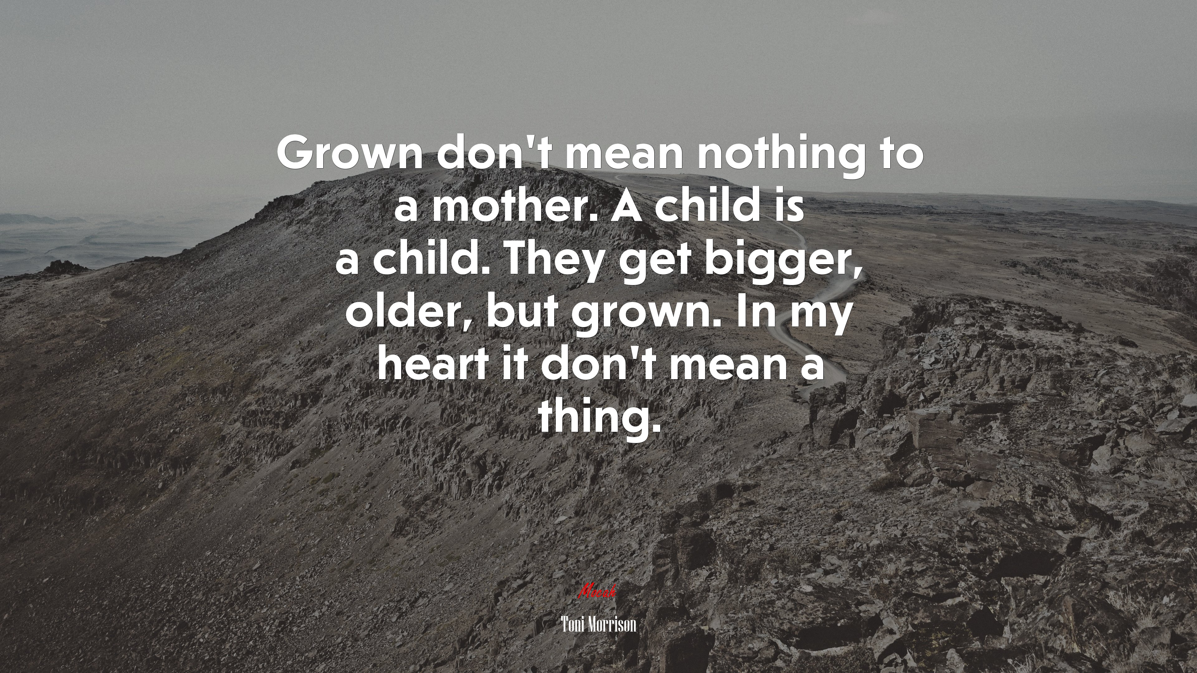 Grown don’t mean nothing to a mother. A child is a child. They get bigger, older, but grown. In my heart it don’t mean a thing. | Toni Morrison quote HD Wallpaper