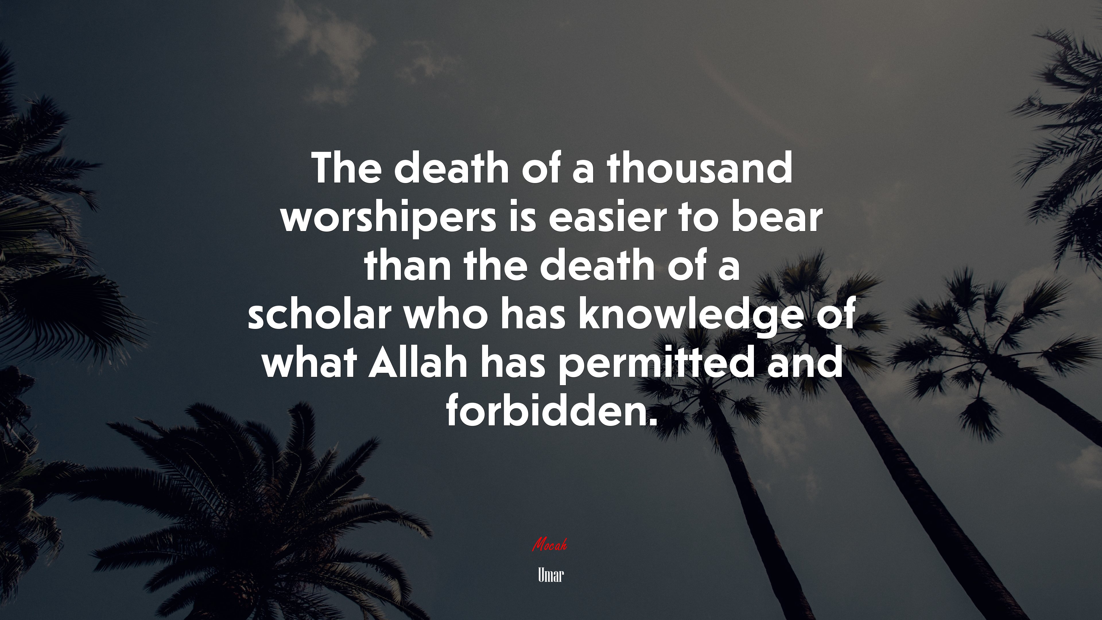 The death of a thousand worshipers is easier to bear than the death of a scholar who has knowledge of what Allah has permitted and forbidden. | Umar quote HD Wallpaper
