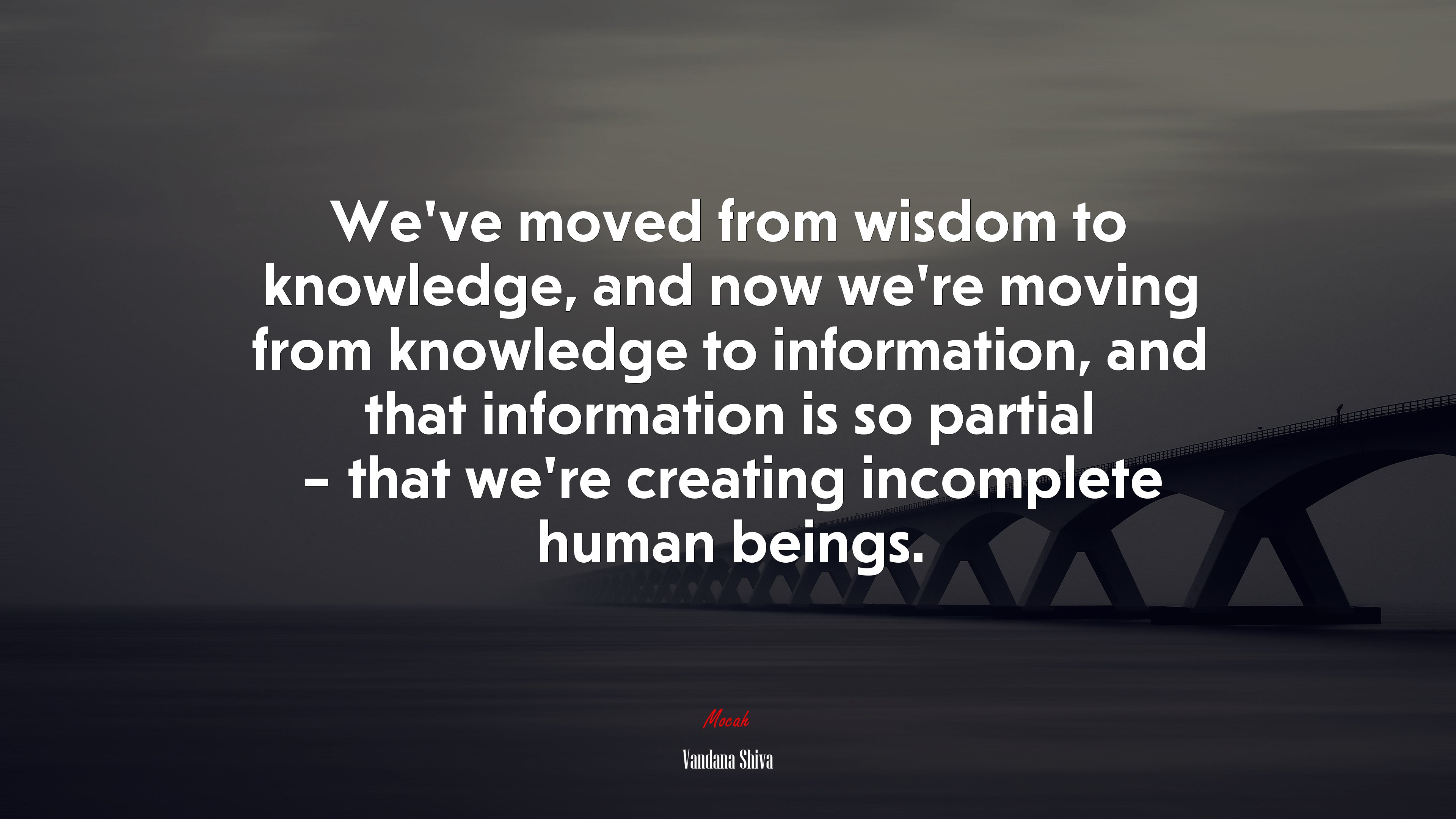 We’ve moved from wisdom to knowledge, and now we’re moving from knowledge to information, and that information is so partial – that we’re creating incomplete human beings. | Vandana Shiva quote HD Wallpaper
