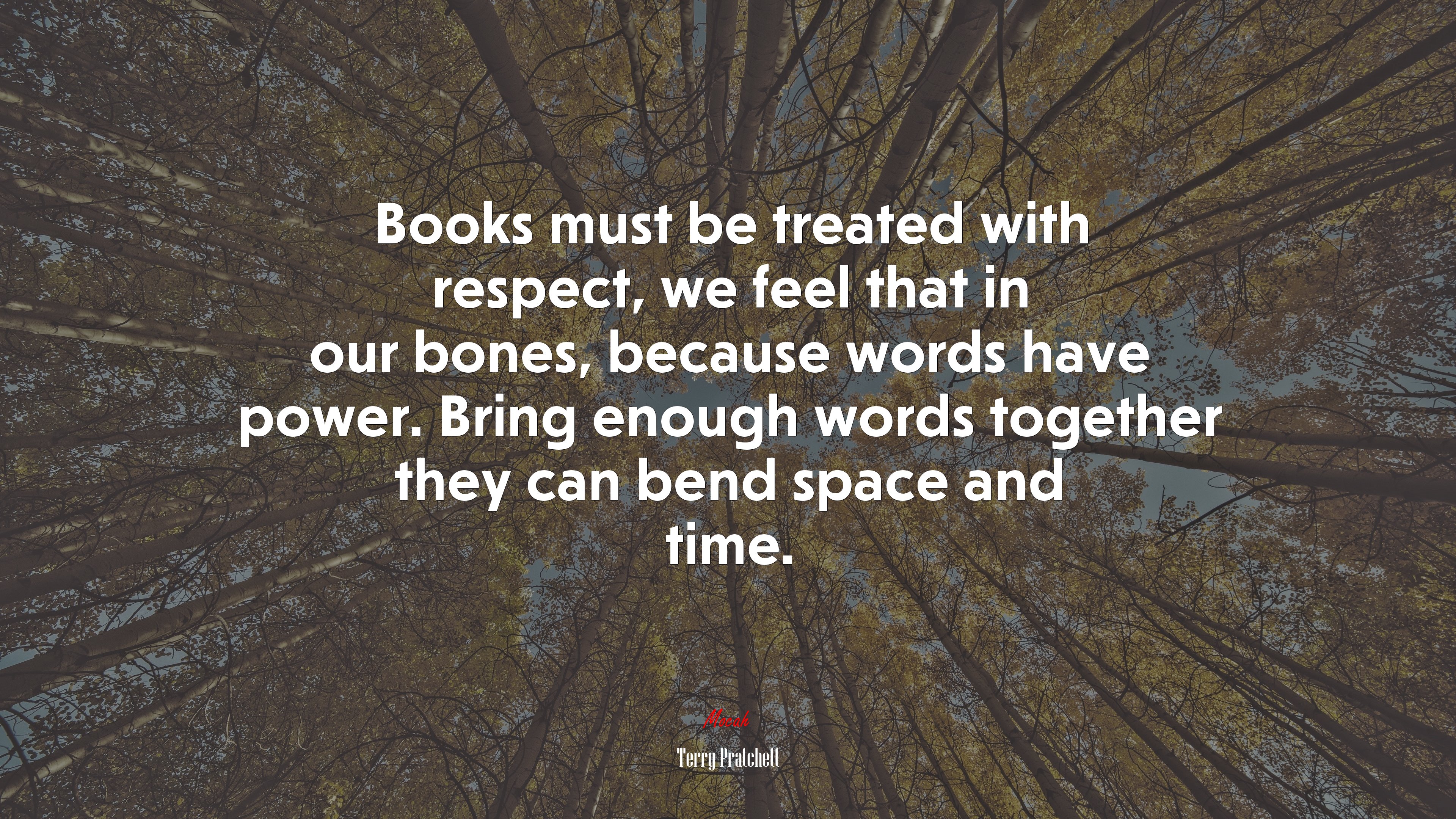 Books must be treated with respect, we feel that in our bones, because words have power. Bring enough words together they can bend space and time. | Terry Pratchett quote HD Wallpaper
