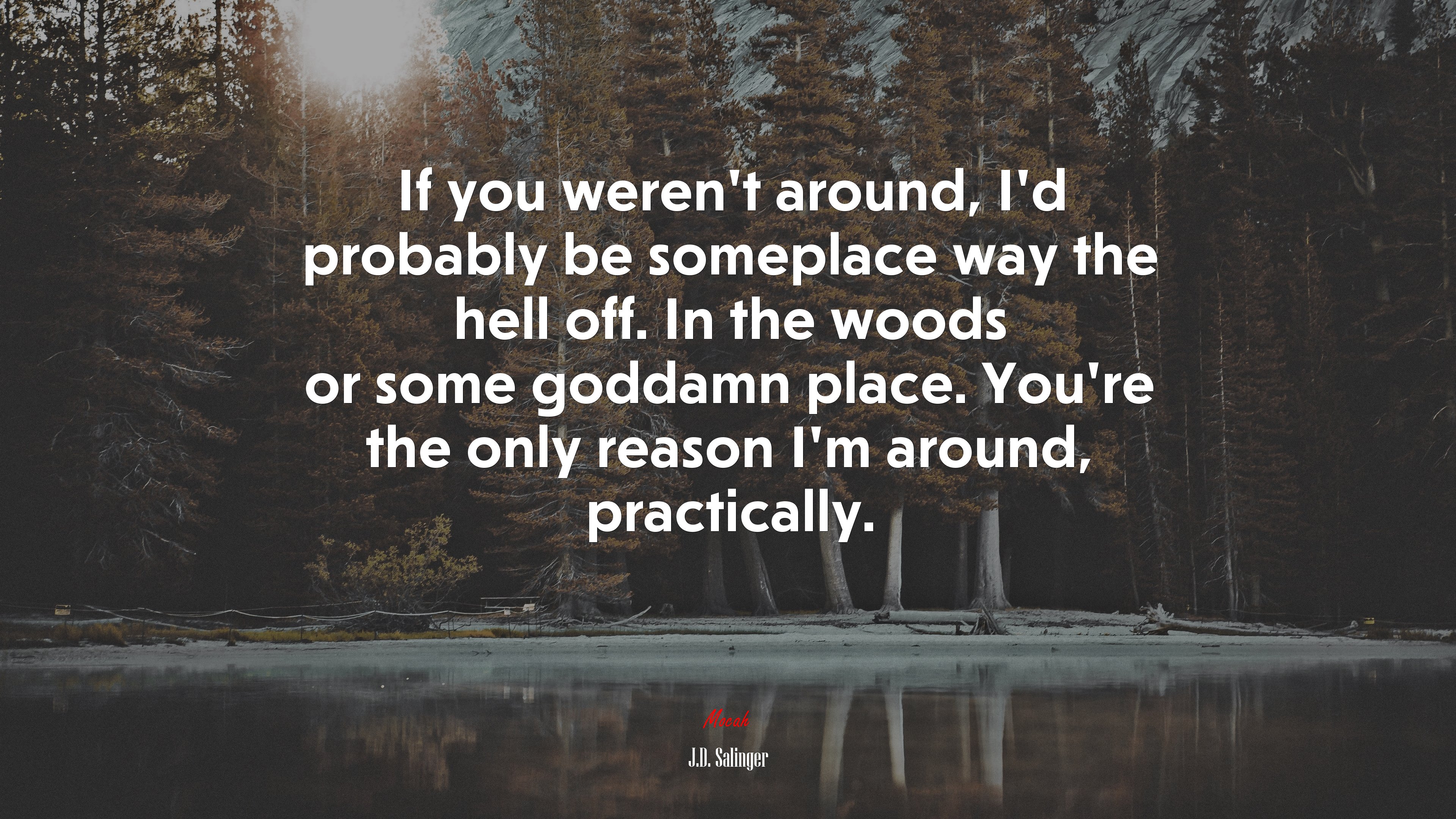 If you weren’t around, I’d probably be someplace way the hell off. In the woods or some goddamn place. You’re the only reason I’m around, practically. | J.D. Salinger quote HD Wallpaper