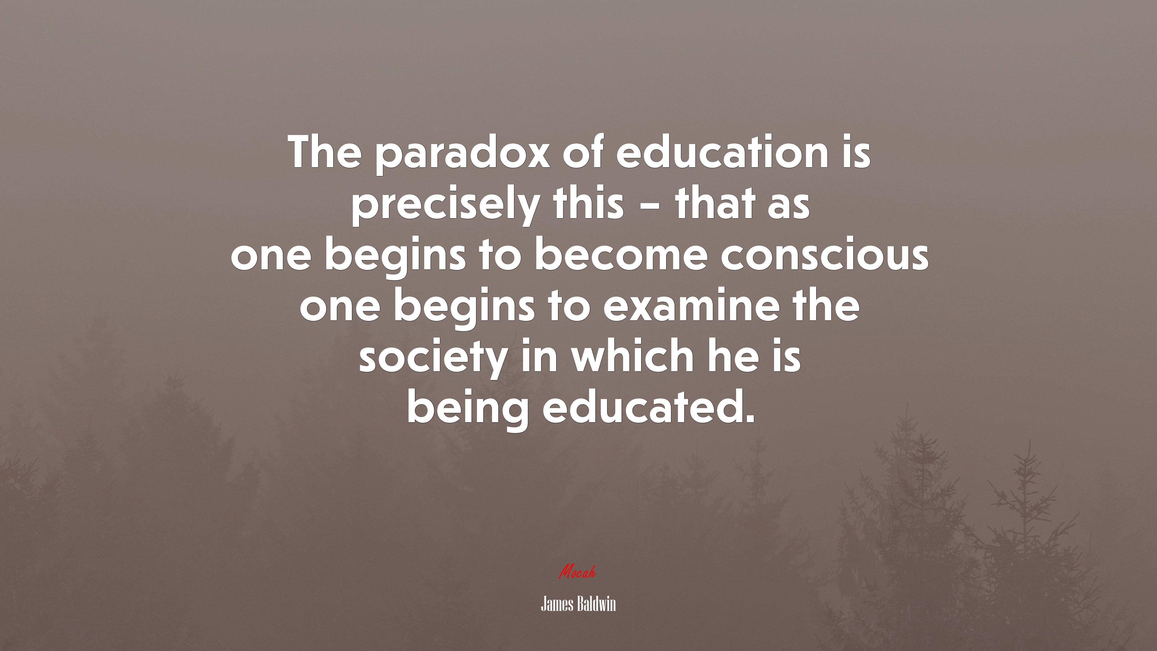 The paradox of education is precisely this – that as one begins to become conscious one begins to examine the society in which he is being educated. | James Baldwin quote HD Wallpaper