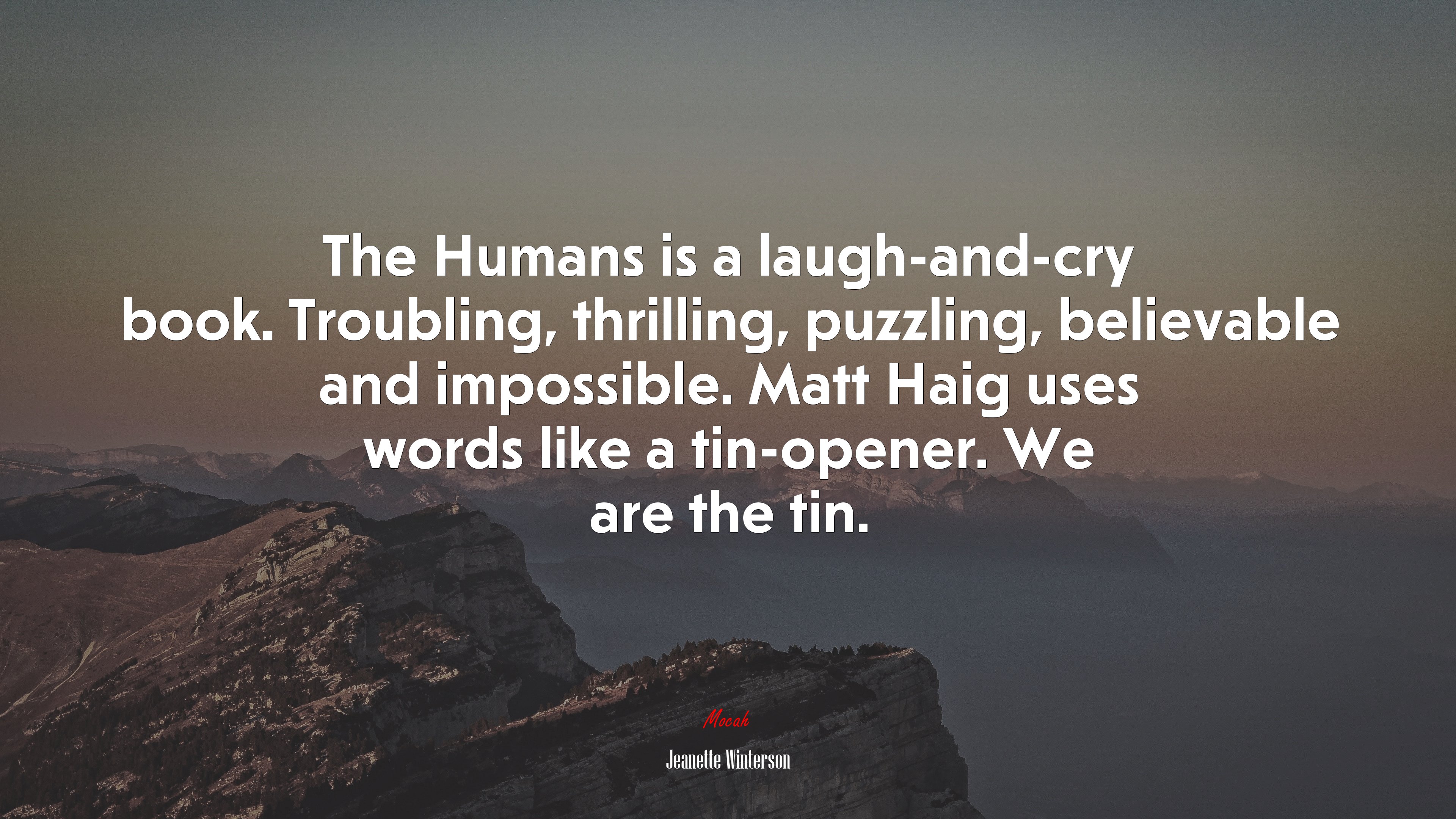 The Humans is a laugh-and-cry book. Troubling, thrilling, puzzling, believable and impossible. Matt Haig uses words like a tin-opener. We are the tin. | Jeanette Winterson quote HD Wallpaper