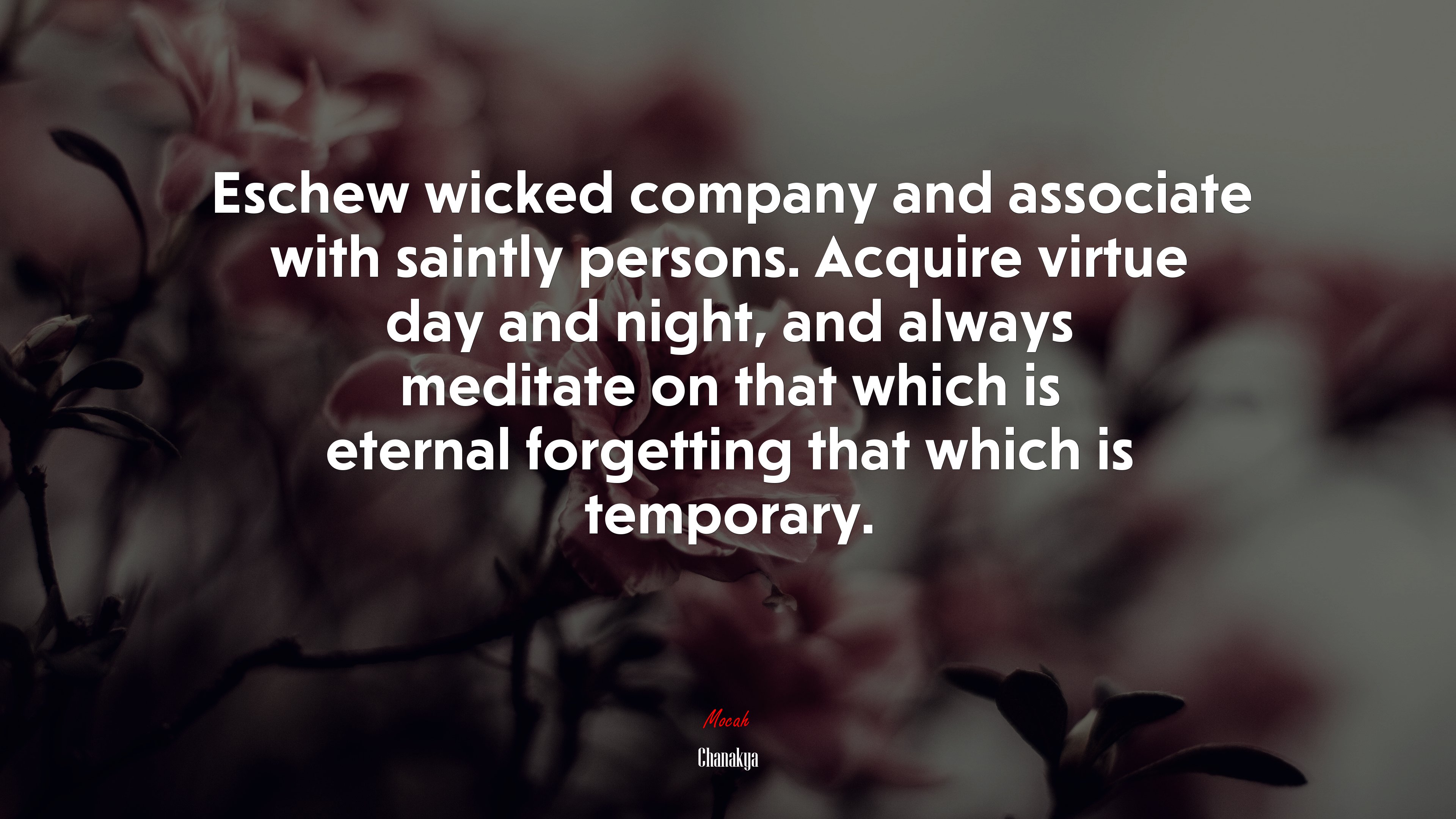 Eschew wicked company and associate with saintly persons. Acquire virtue day and night, and always meditate on that which is eternal forgetting that which is temporary. | Chanakya quote HD Wallpaper