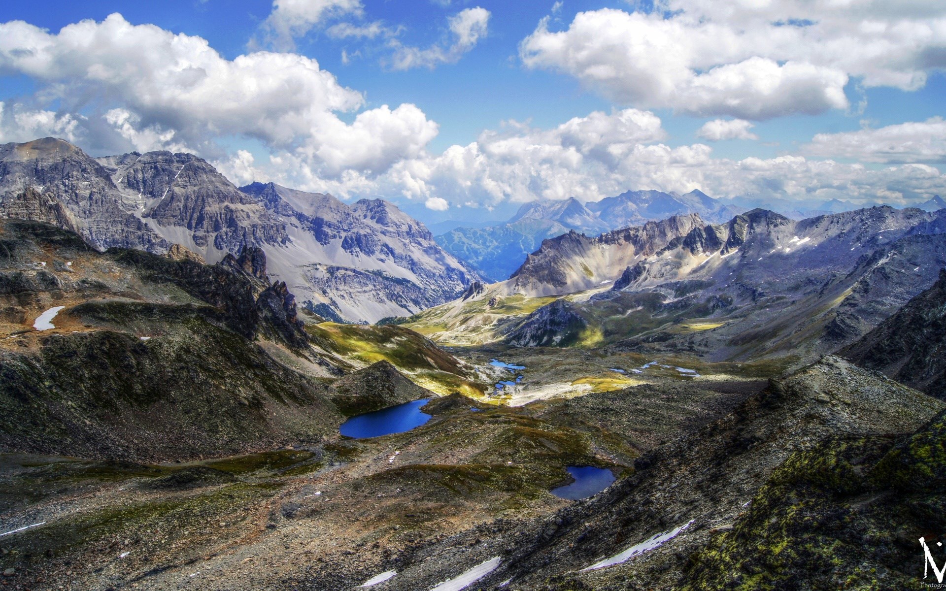 Mountain valley with lakes and clouds HD Wallpaper