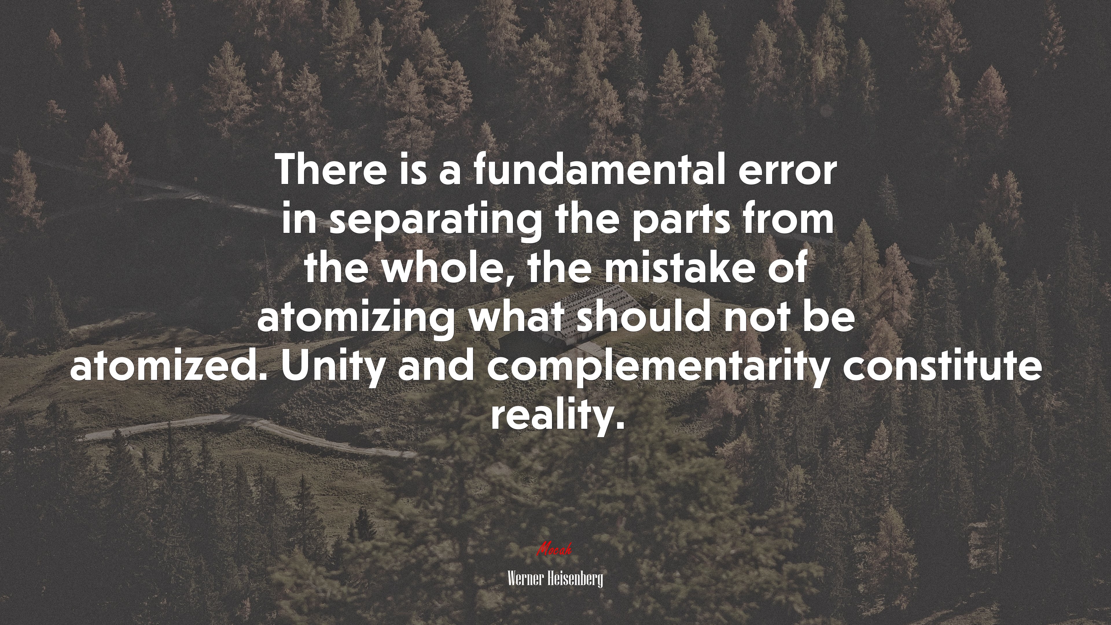 There is a fundamental error in separating the parts from the whole, the mistake of atomizing what should not be atomized. Unity and complementarity constitute reality. | Werner Heisenberg quote HD Wallpaper