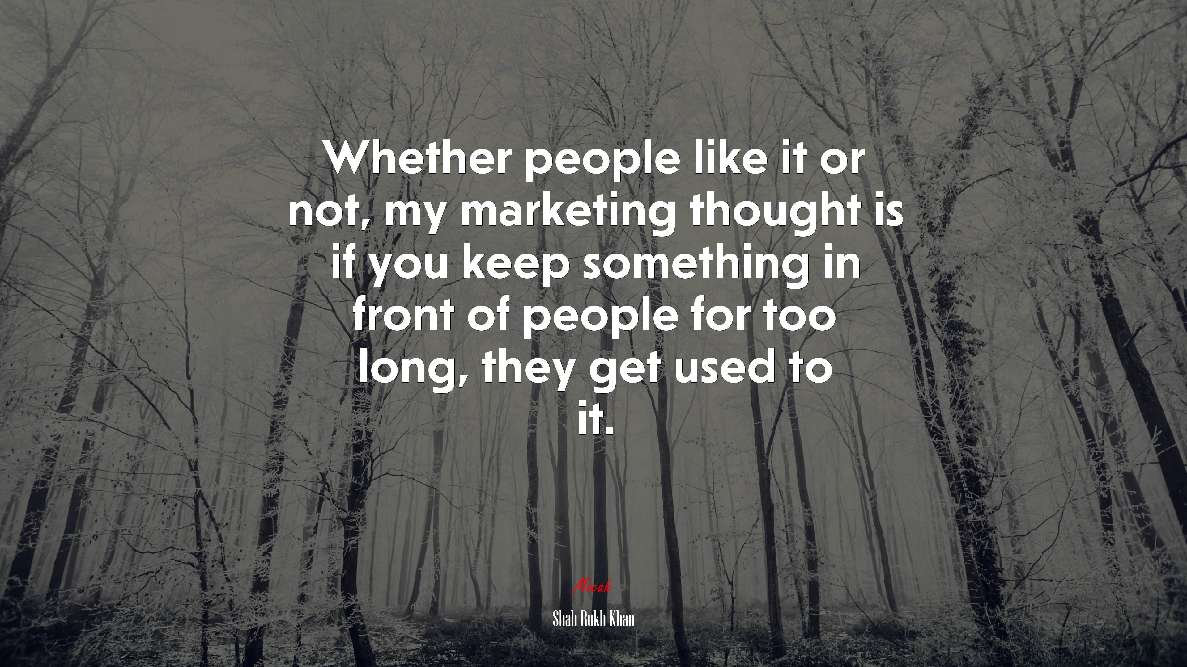 Whether people like it or not, my marketing thought is if you keep something in front of people for too long, they get used to it. | Shah Rukh Khan quote HD Wallpaper