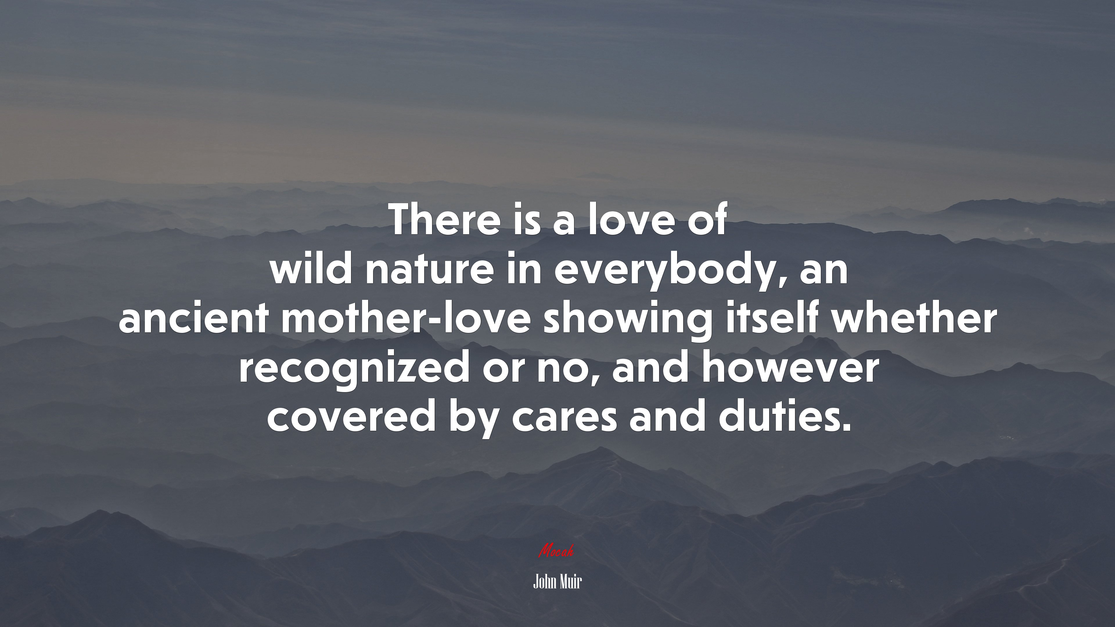 There is a love of wild nature in everybody, an ancient mother-love showing itself whether recognized or no, and however covered by cares and duties. | John Muir quote HD Wallpaper