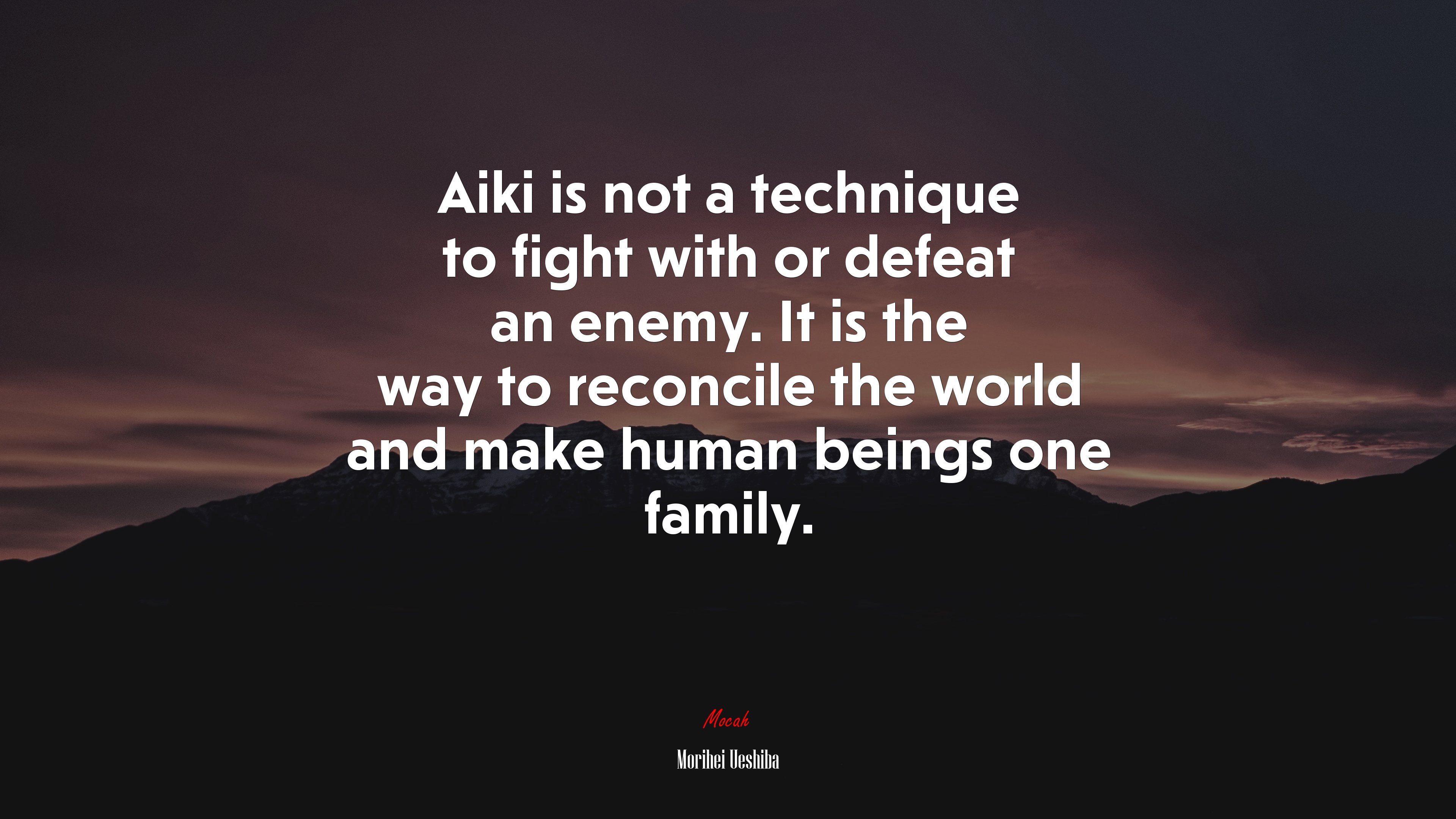 Aiki is not a technique to fight with or defeat an enemy. It is the way to reconcile the world and make human beings one family. | Morihei Ueshiba quote HD Wallpaper