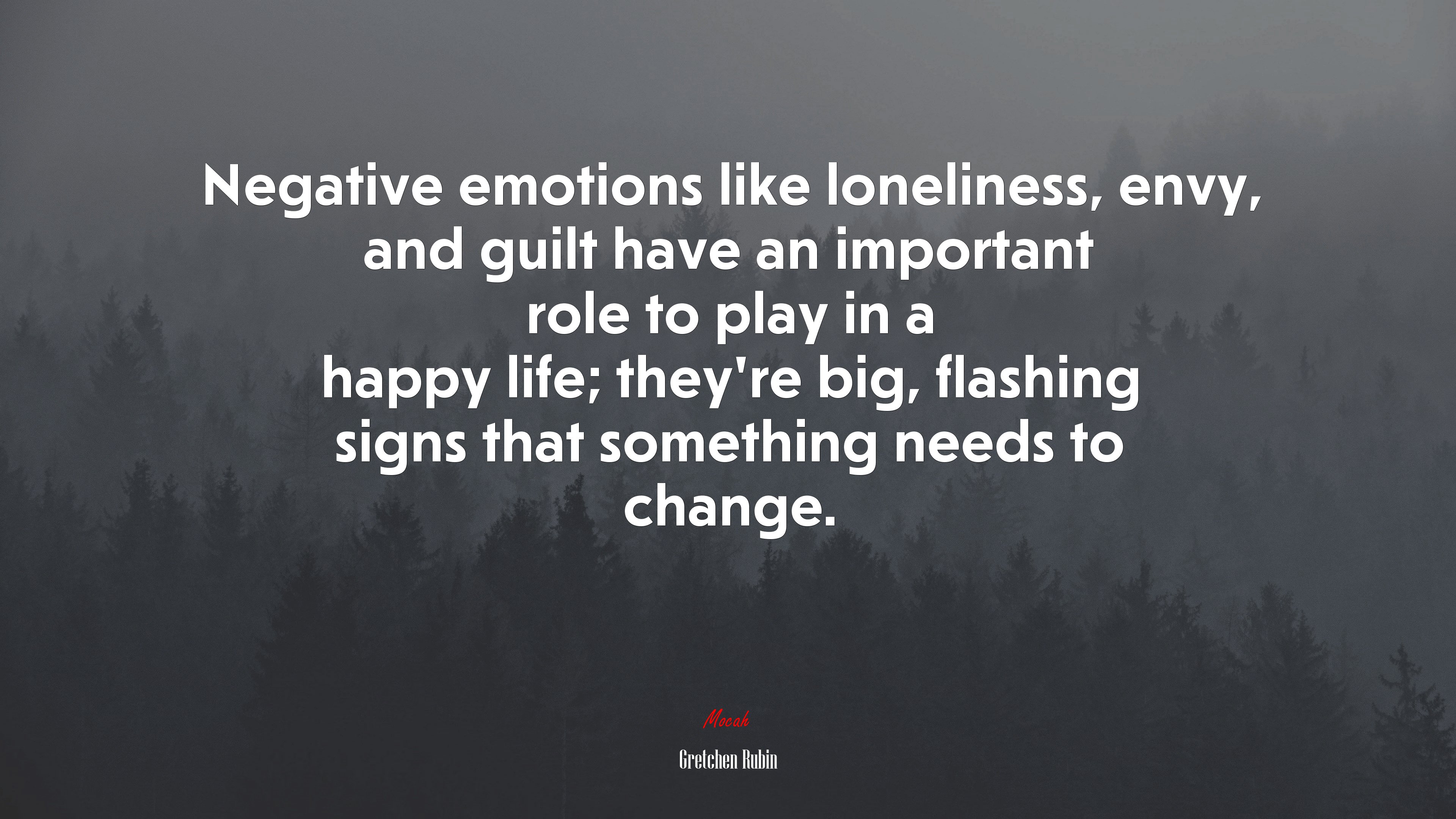 Negative emotions like loneliness, envy, and guilt have an important role to play in a happy life; they’re big, flashing signs that something needs to change. | Gretchen Rubin quote HD Wallpaper