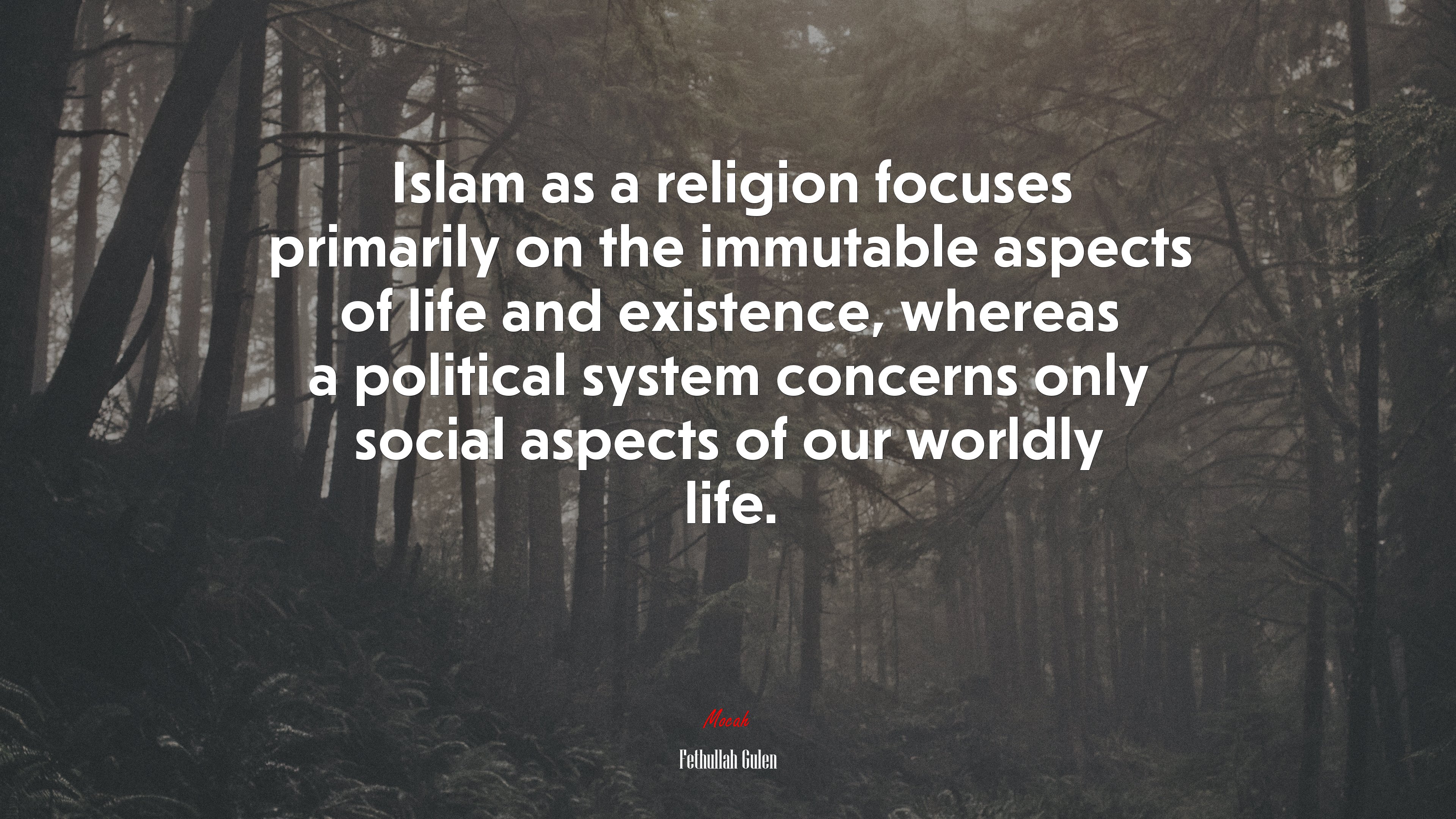 Islam as a religion focuses primarily on the immutable aspects of life and existence, whereas a political system concerns only social aspects of our worldly life. | Fethullah Gulen quote HD Wallpaper