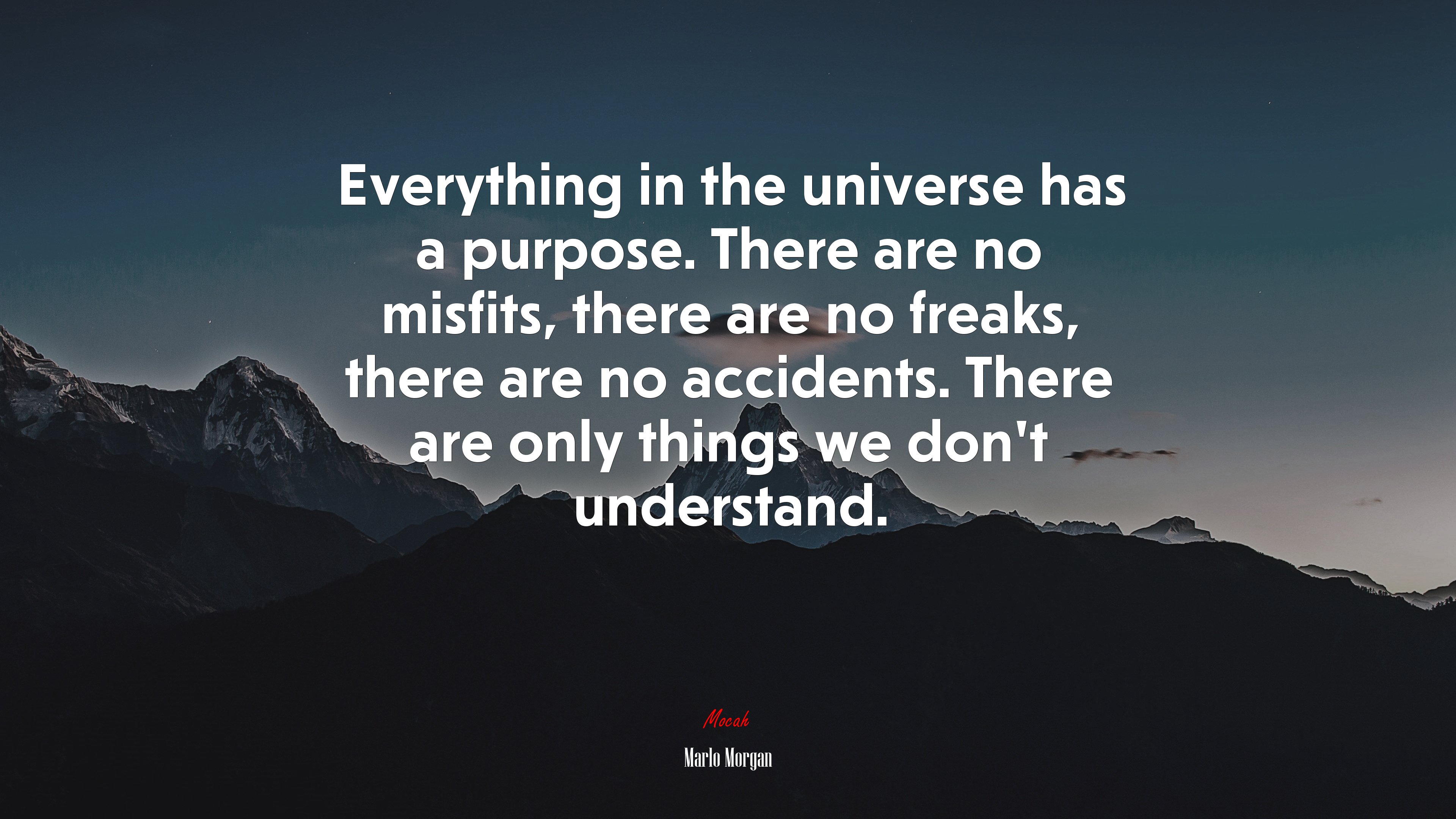 Everything in the universe has a purpose. There are no misfits, there are no freaks, there are no accidents. There are only things we don’t understand. | Marlo Morgan quote HD Wallpaper