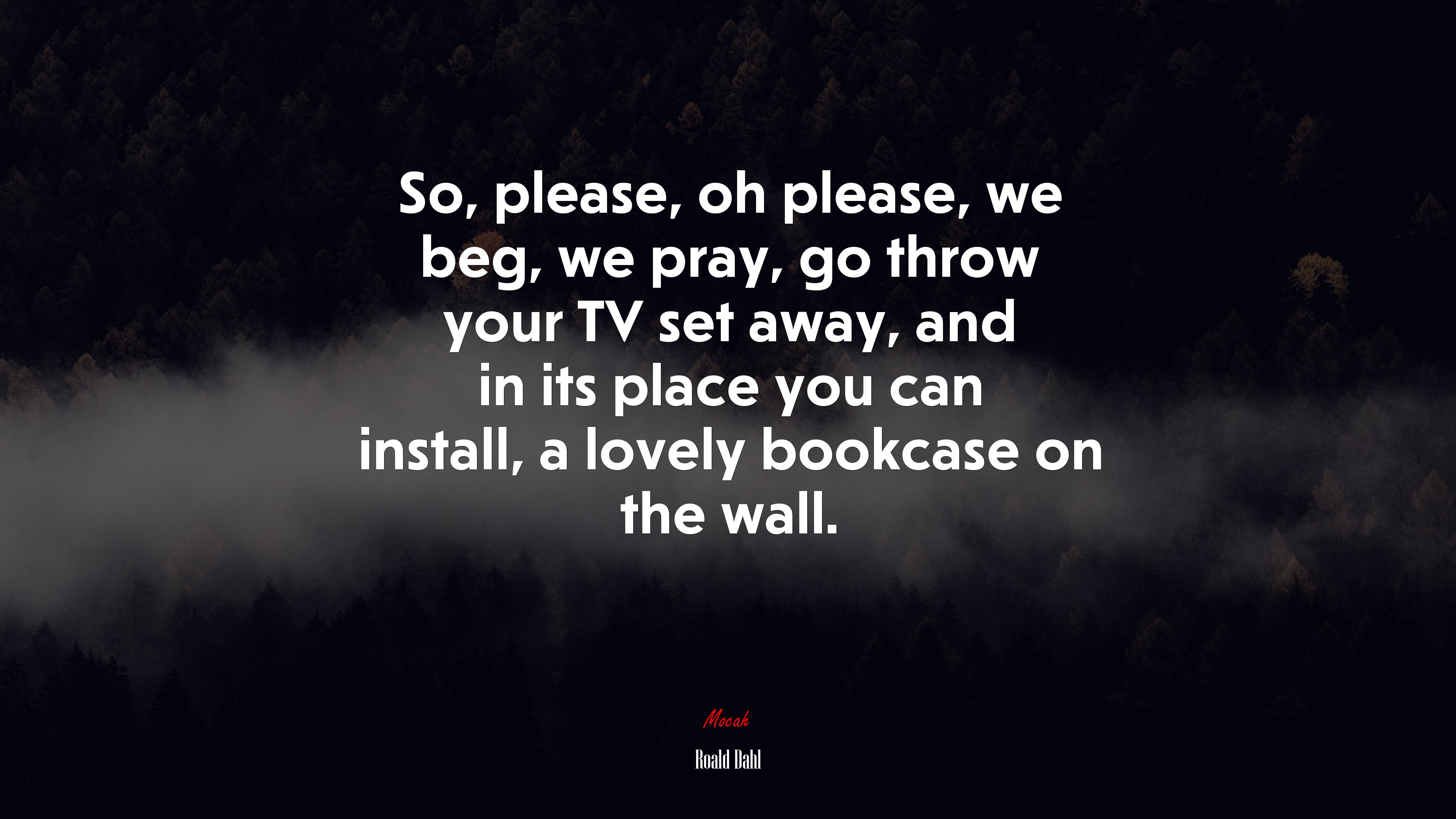 So, please, oh please, we beg, we pray, go throw your TV set away, and in its place you can install, a lovely bookcase on the wall. | Roald Dahl quote HD Wallpaper
