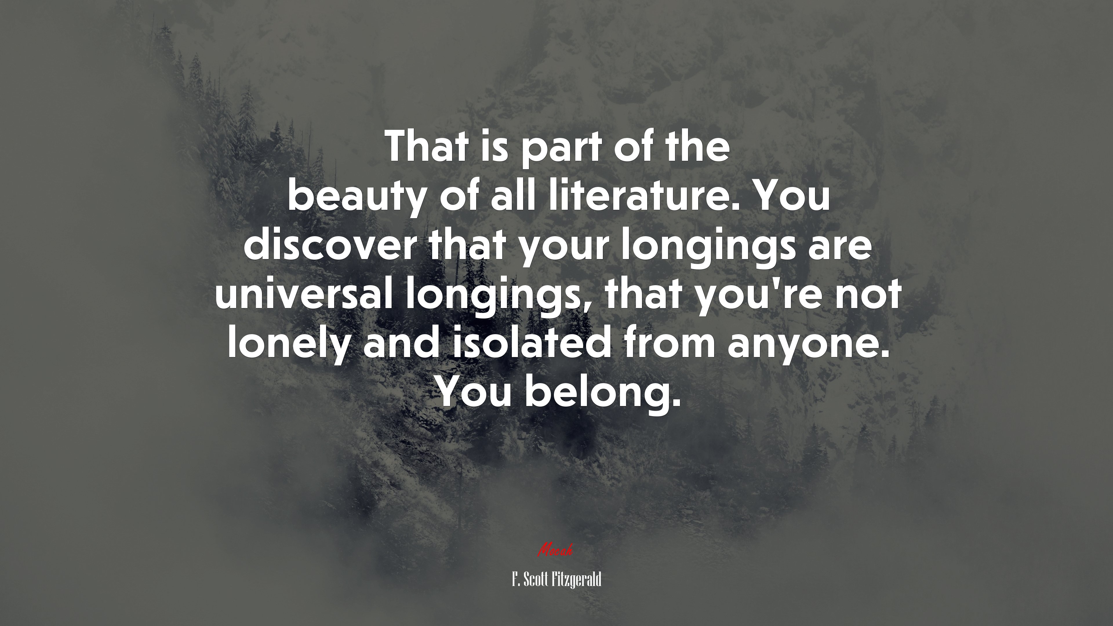 That is part of the beauty of all literature. You discover that your longings are universal longings, that youre not lonely and isolated from anyone. You belong. | F. Scott Fitzgerald quote HD Wallpaper