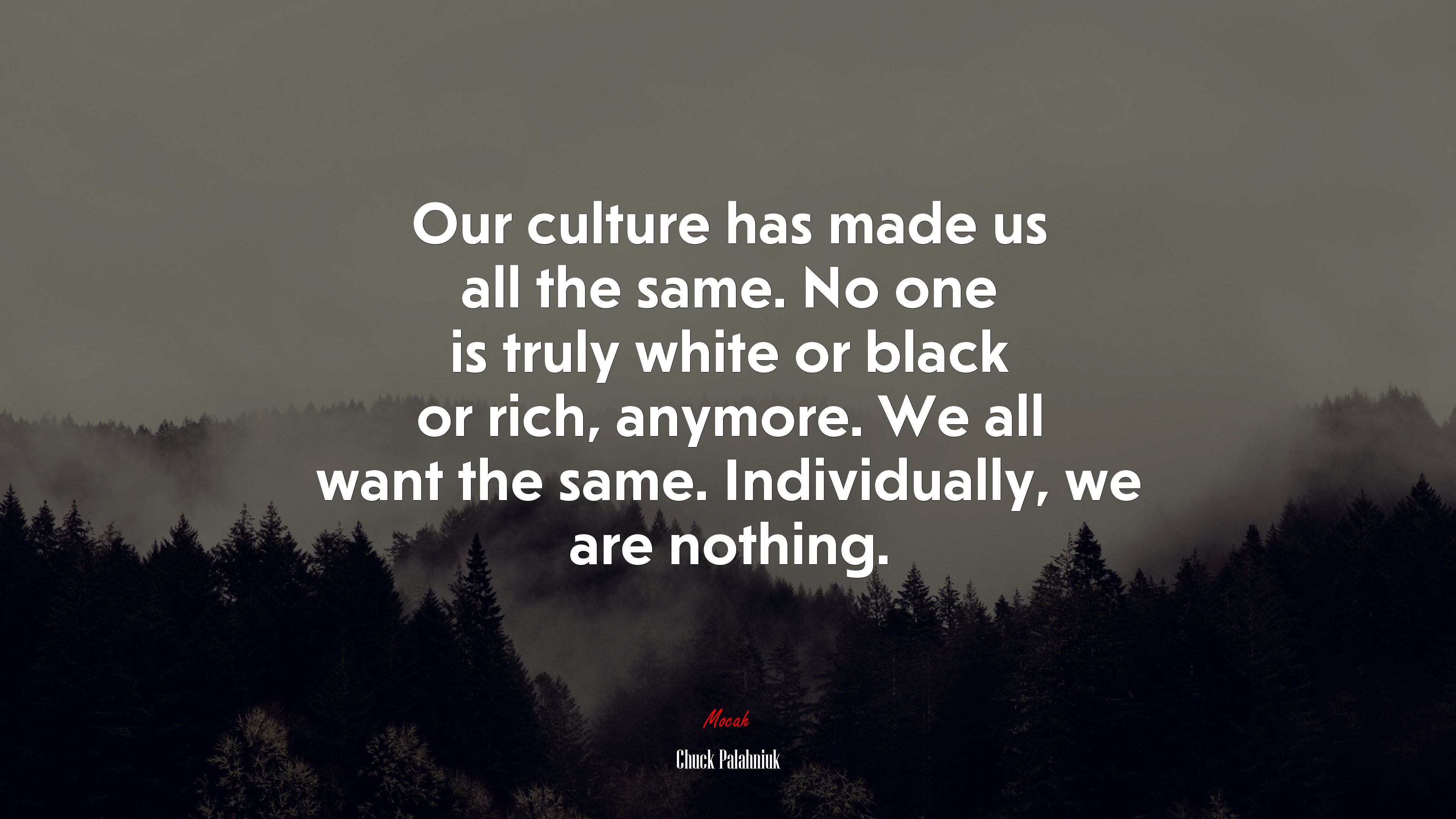 Our culture has made us all the same. No one is truly white or black or rich, anymore. We all want the same. Individually, we are nothing. | Chuck Palahniuk quote HD Wallpaper