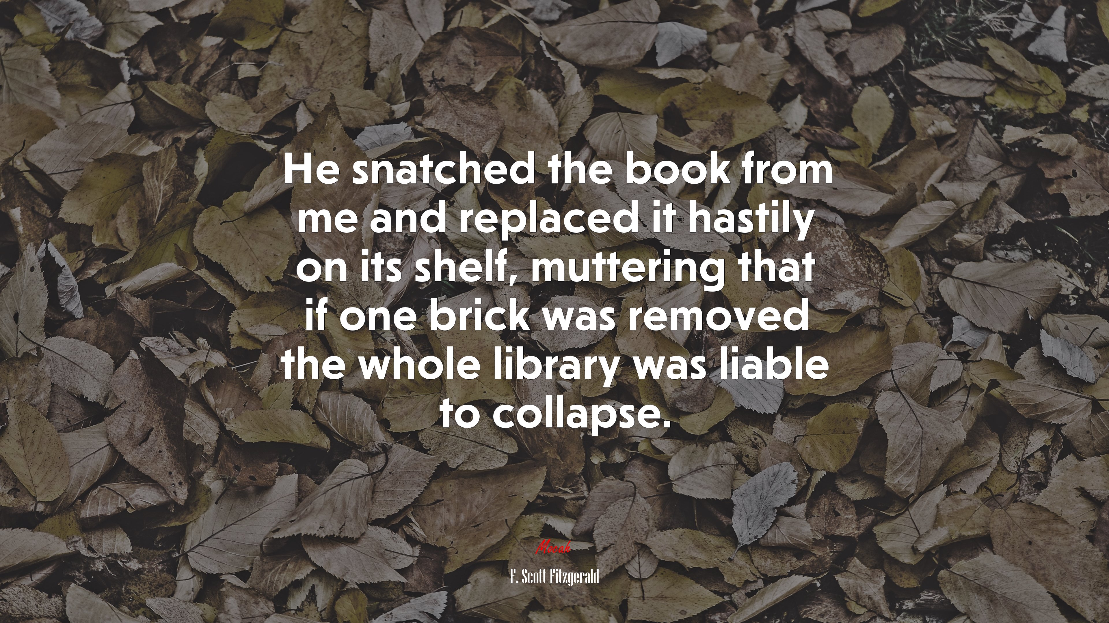 He snatched the book from me and replaced it hastily on its shelf, muttering that if one brick was removed the whole library was liable to collapse. | F. Scott Fitzgerald quote HD Wallpaper