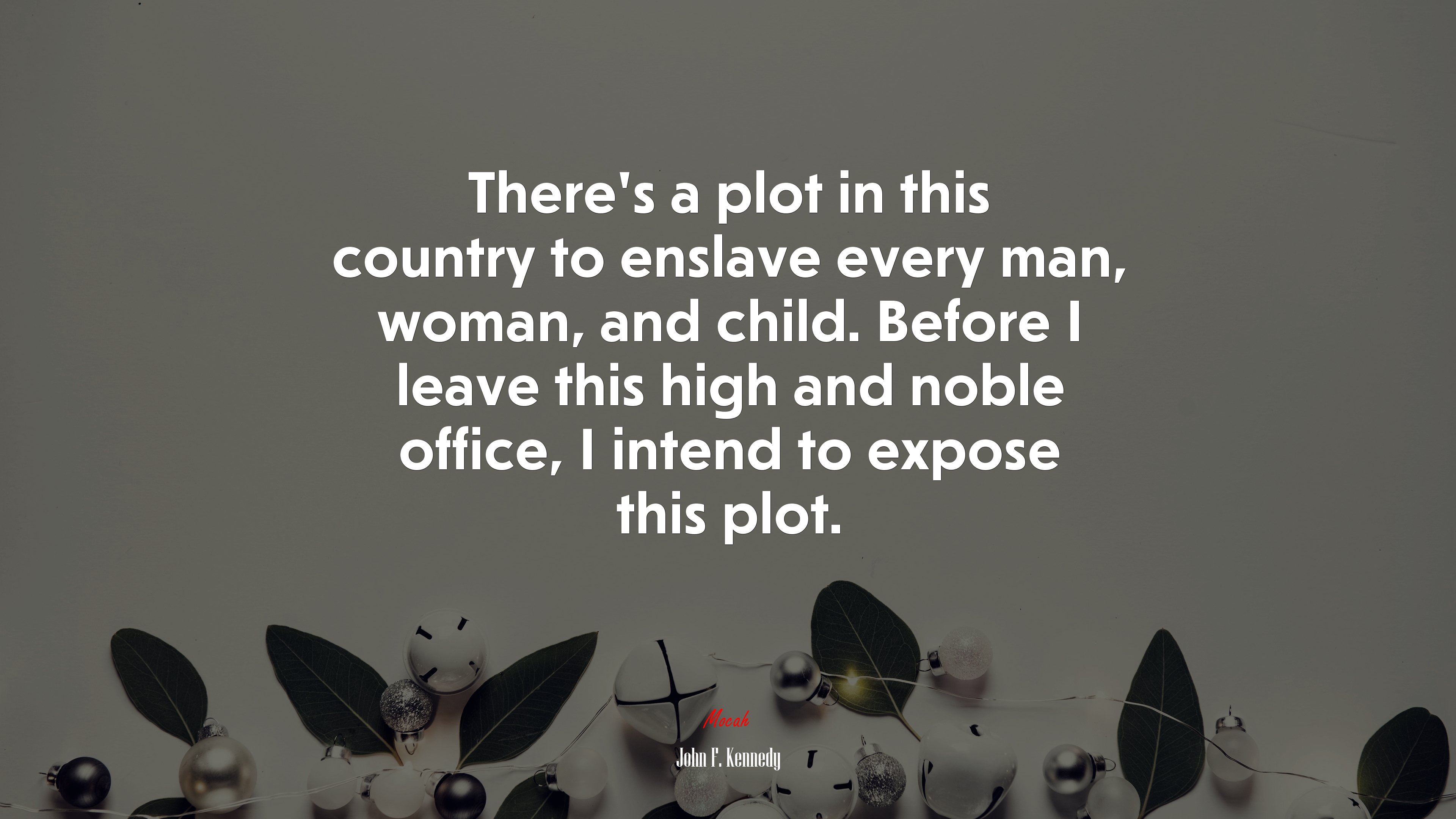 There’s a plot in this country to enslave every man, woman, and child. Before I leave this high and noble office, I intend to expose this plot. | John F. Kennedy quote HD Wallpaper