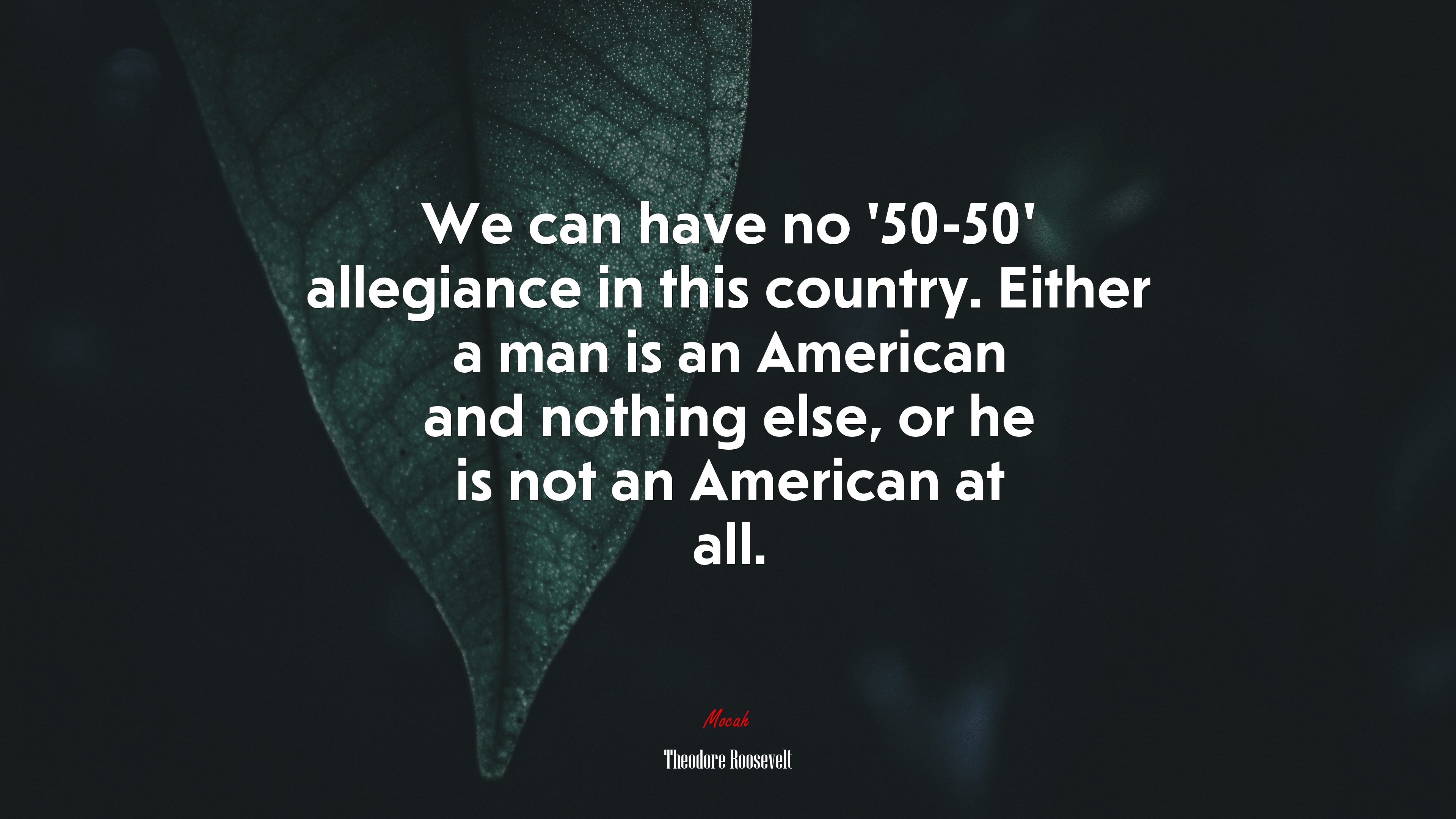 We can have no ‘50-50’ allegiance in this country. Either a man is an American and nothing else, or he is not an American at all. | Theodore Roosevelt quote HD Wallpaper