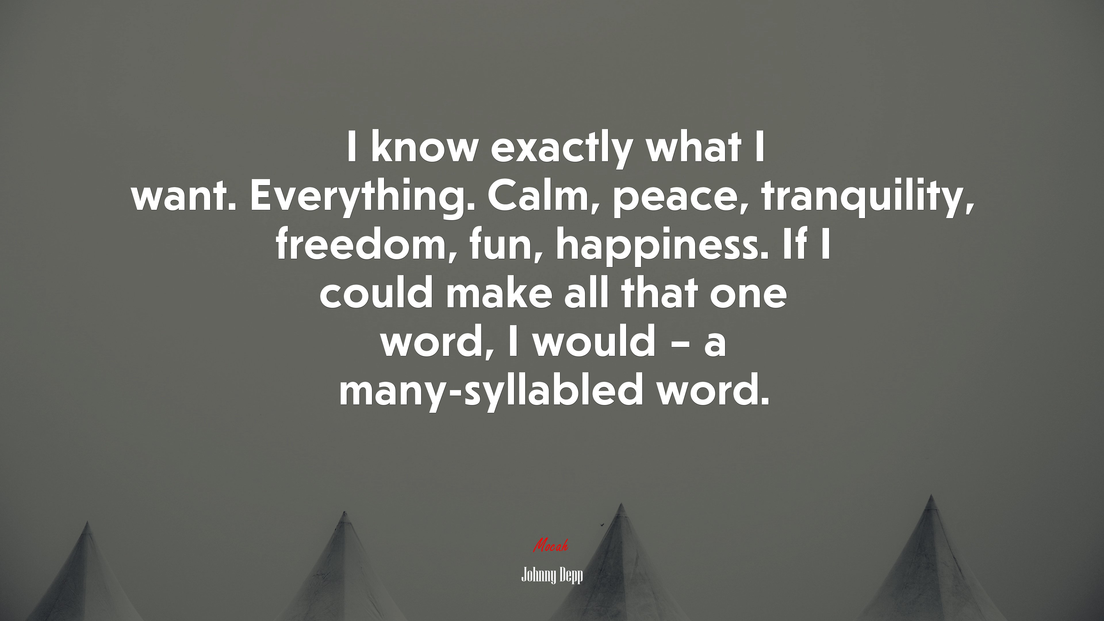 I know exactly what I want. Everything. Calm, peace, tranquility, freedom, fun, happiness. If I could make all that one word, I would – a many-syllabled word. | Johnny Depp quote HD Wallpaper