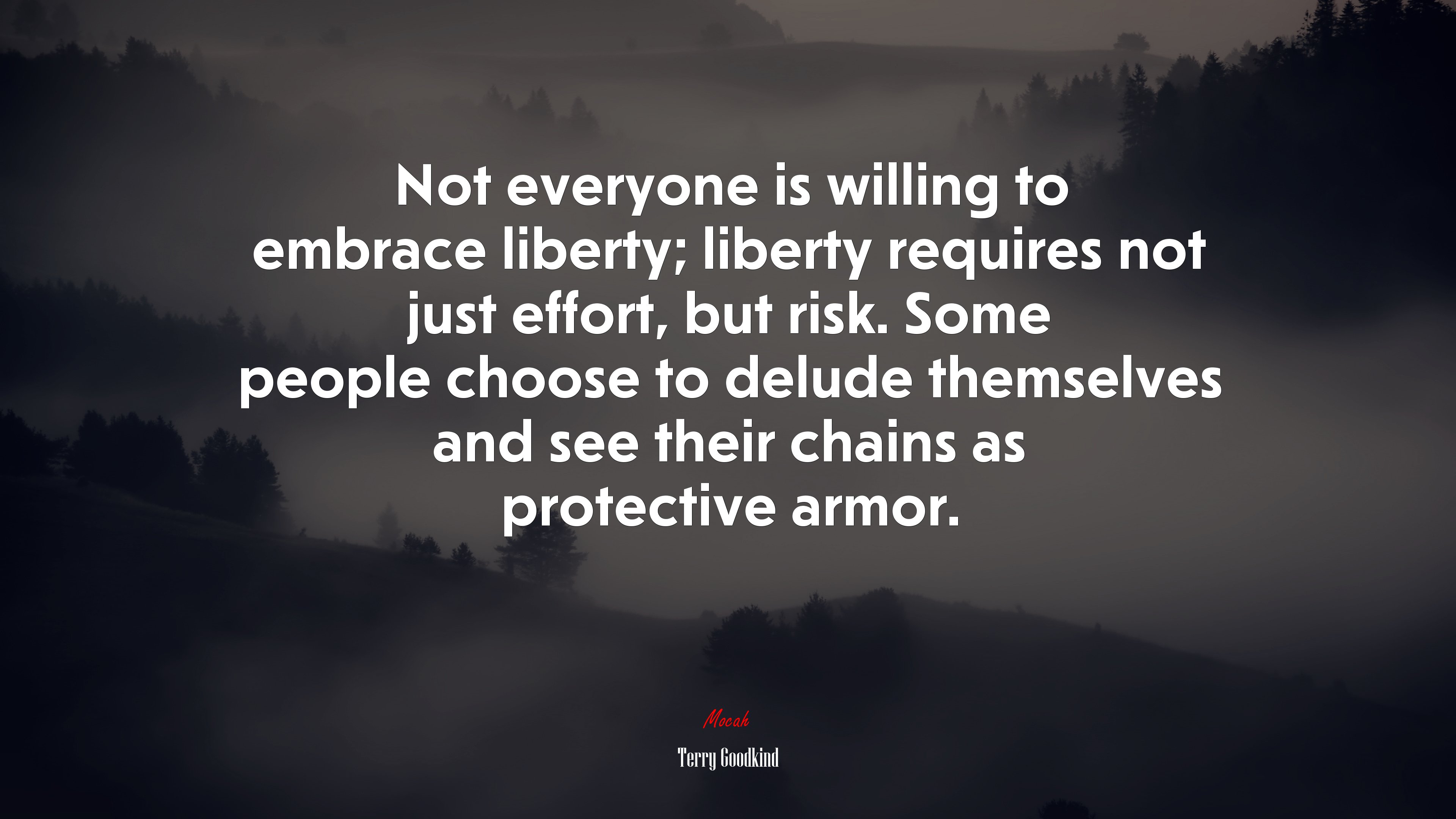 Not everyone is willing to embrace liberty; liberty requires not just effort, but risk. Some people choose to delude themselves and see their chains as protective armor. | Terry Goodkind quote HD Wallpaper
