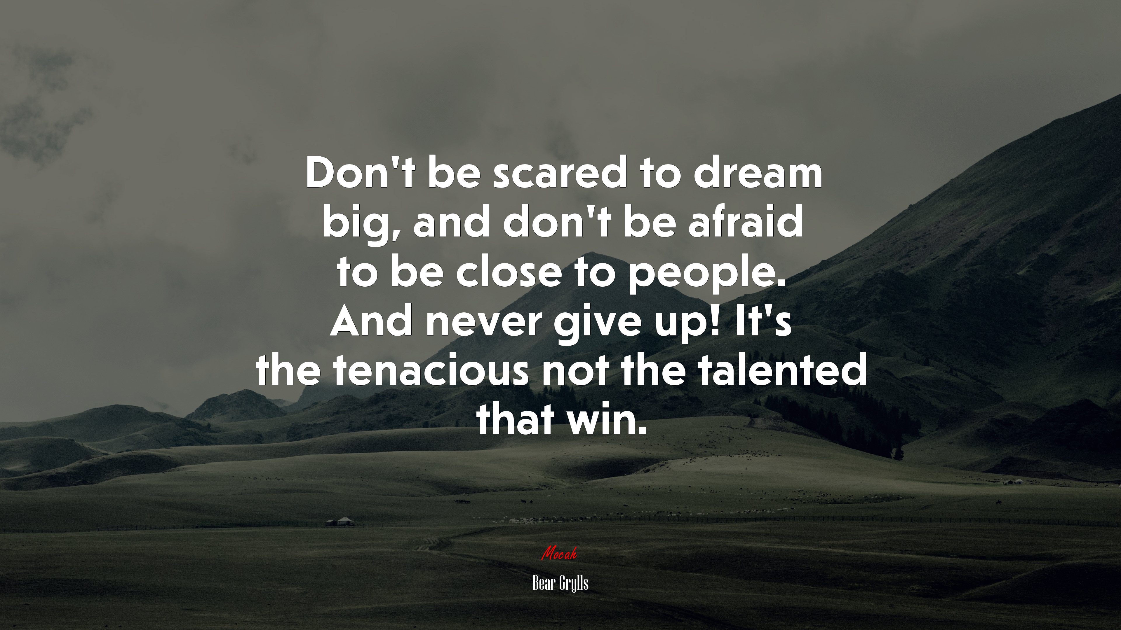 Don’t be scared to dream big, and don’t be afraid to be close to people. And never give up! It’s the tenacious not the talented that win. | Bear Grylls quote HD Wallpaper