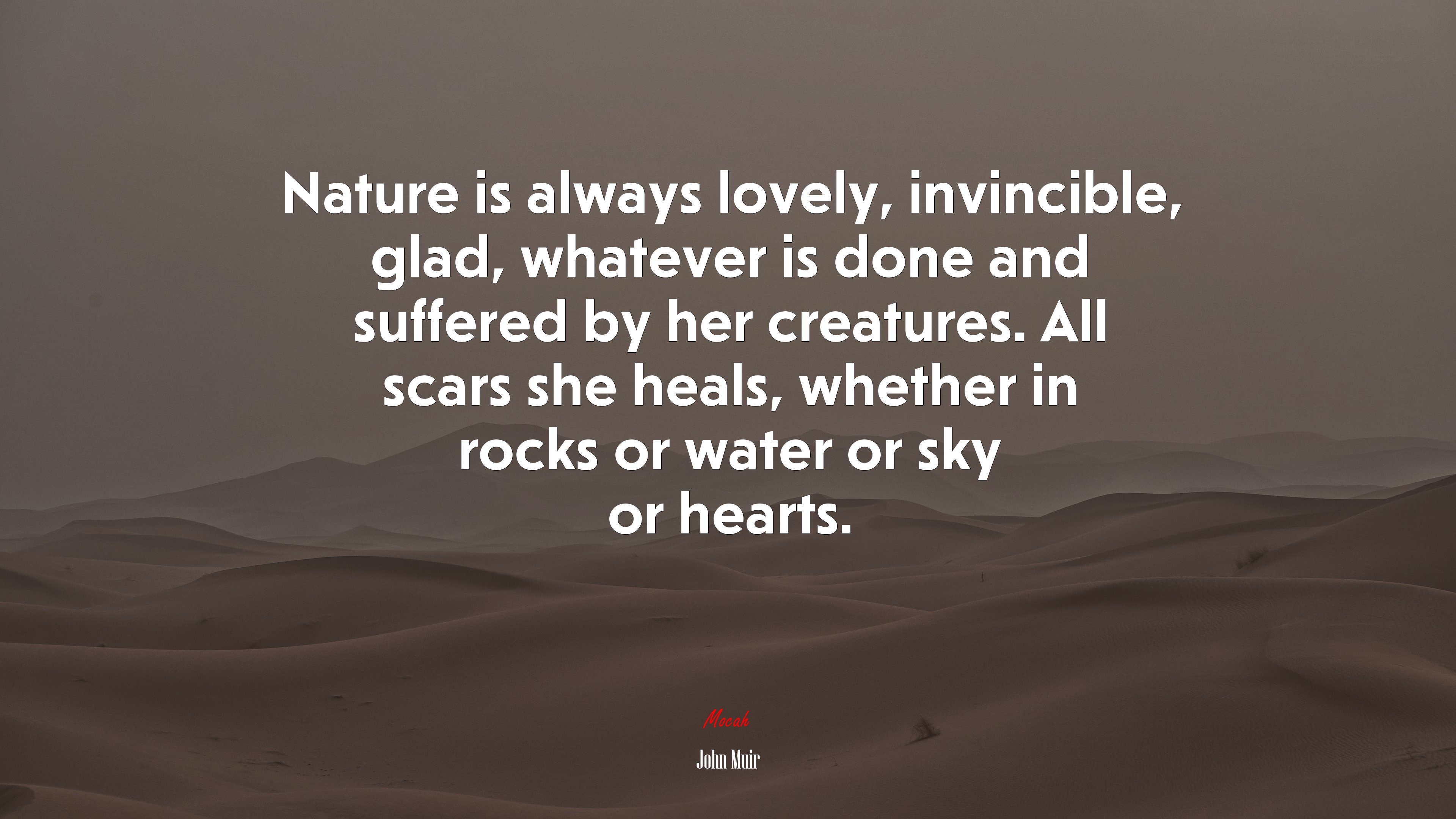 Nature is always lovely, invincible, glad, whatever is done and suffered by her creatures. All scars she heals, whether in rocks or water or sky or hearts. | John Muir quote HD Wallpaper