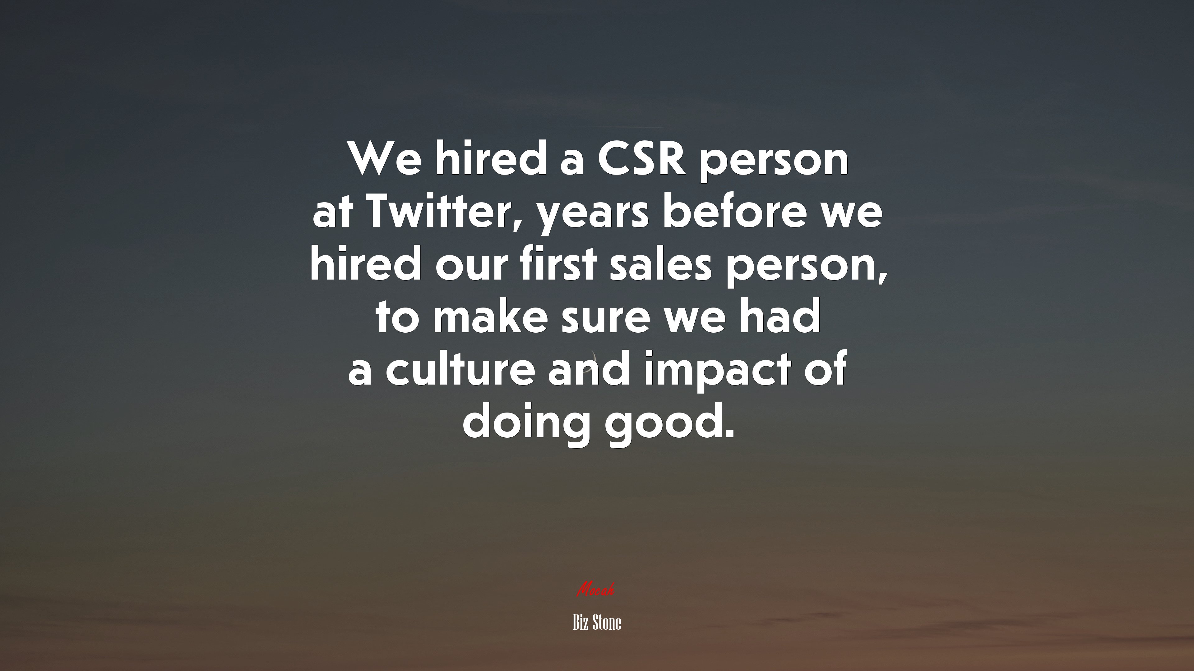 We hired a CSR person at Twitter, years before we hired our first sales person, to make sure we had a culture and impact of doing good. | Biz Stone quote HD Wallpaper