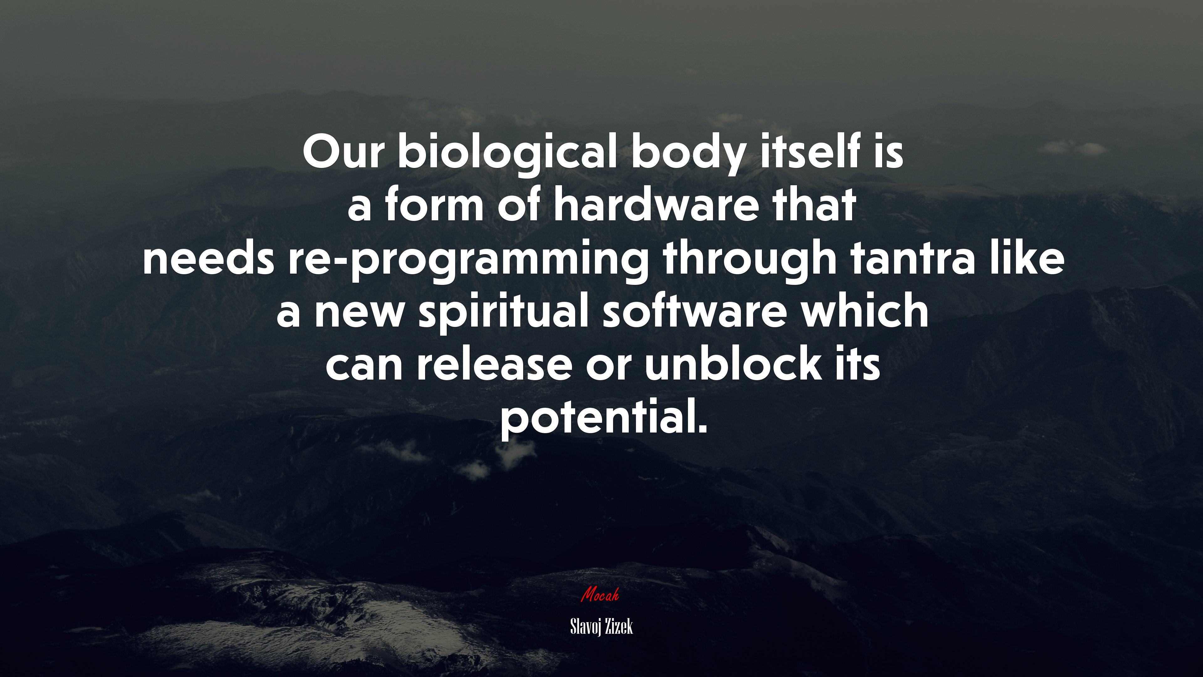 Our biological body itself is a form of hardware that needs re-programming through tantra like a new spiritual software which can release or unblock its potential. | Slavoj Žižek quote HD Wallpaper