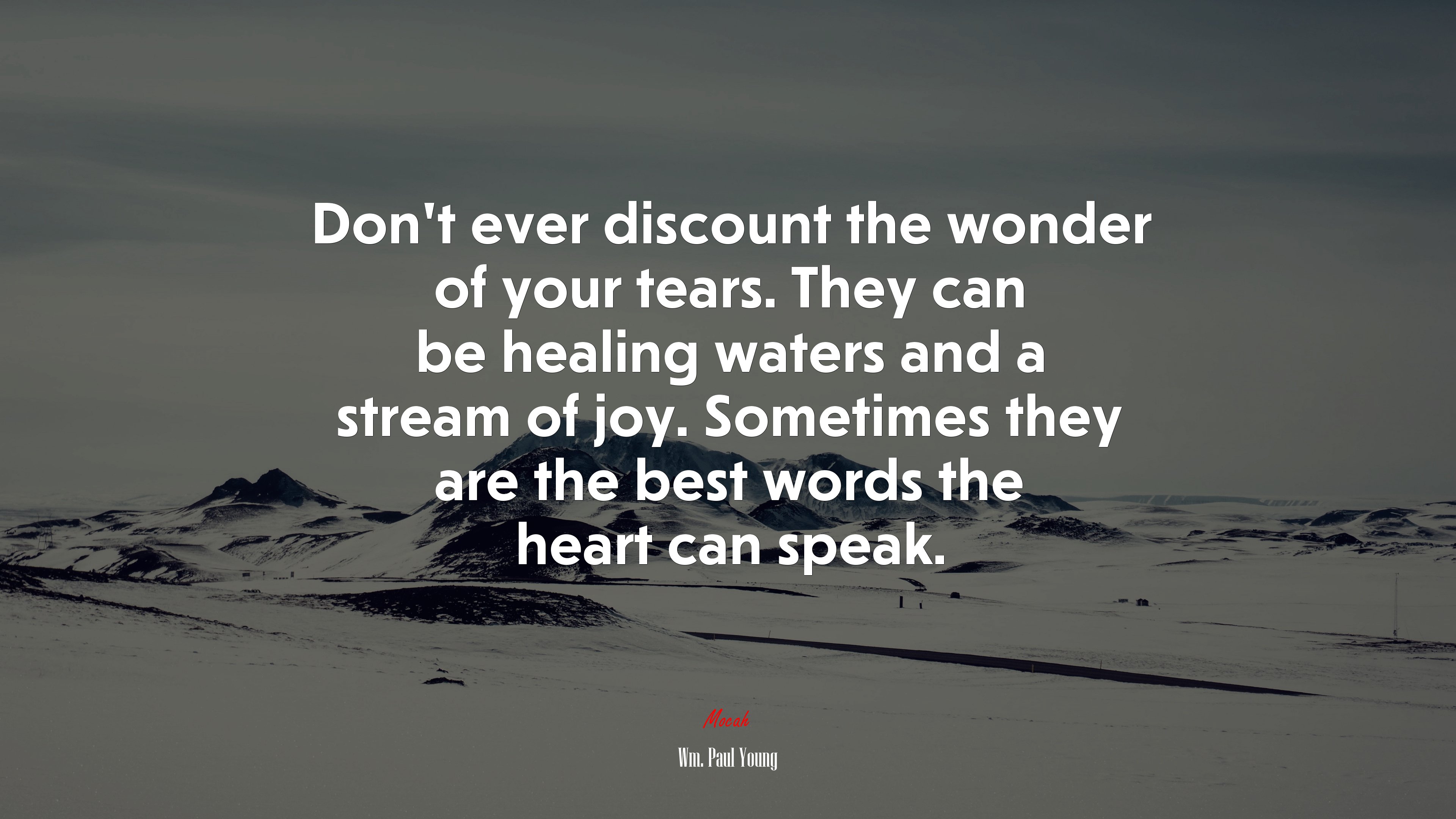 Don’t ever discount the wonder of your tears. They can be healing waters and a stream of joy. Sometimes they are the best words the heart can speak. | Wm. Paul Young quote HD Wallpaper