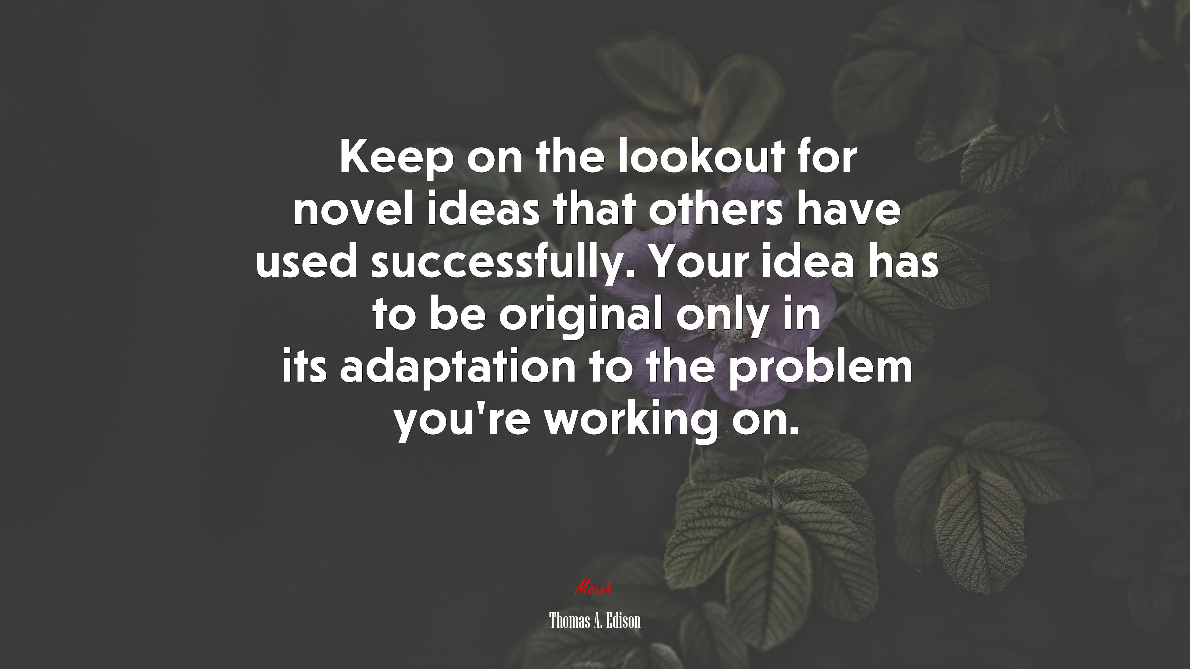Keep on the lookout for novel ideas that others have used successfully. Your idea has to be original only in its adaptation to the problem you’re working on. | Thomas A. Edison quote HD Wallpaper