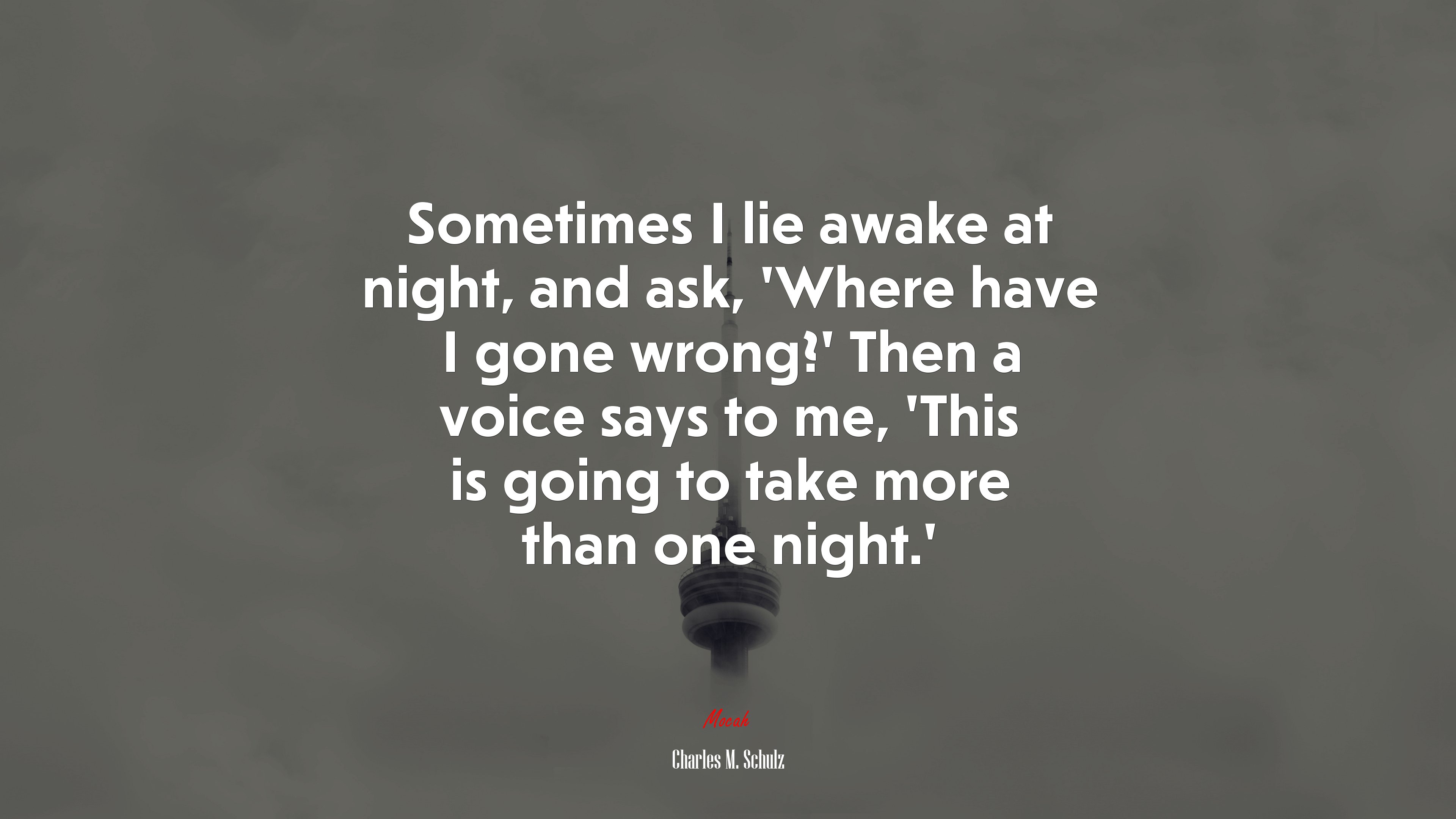 Sometimes I lie awake at night, and ask, ‘Where have I gone wrong?’ Then a voice says to me, ‘This is going to take more than one night.’ | Charles M. Schulz quote HD Wallpaper