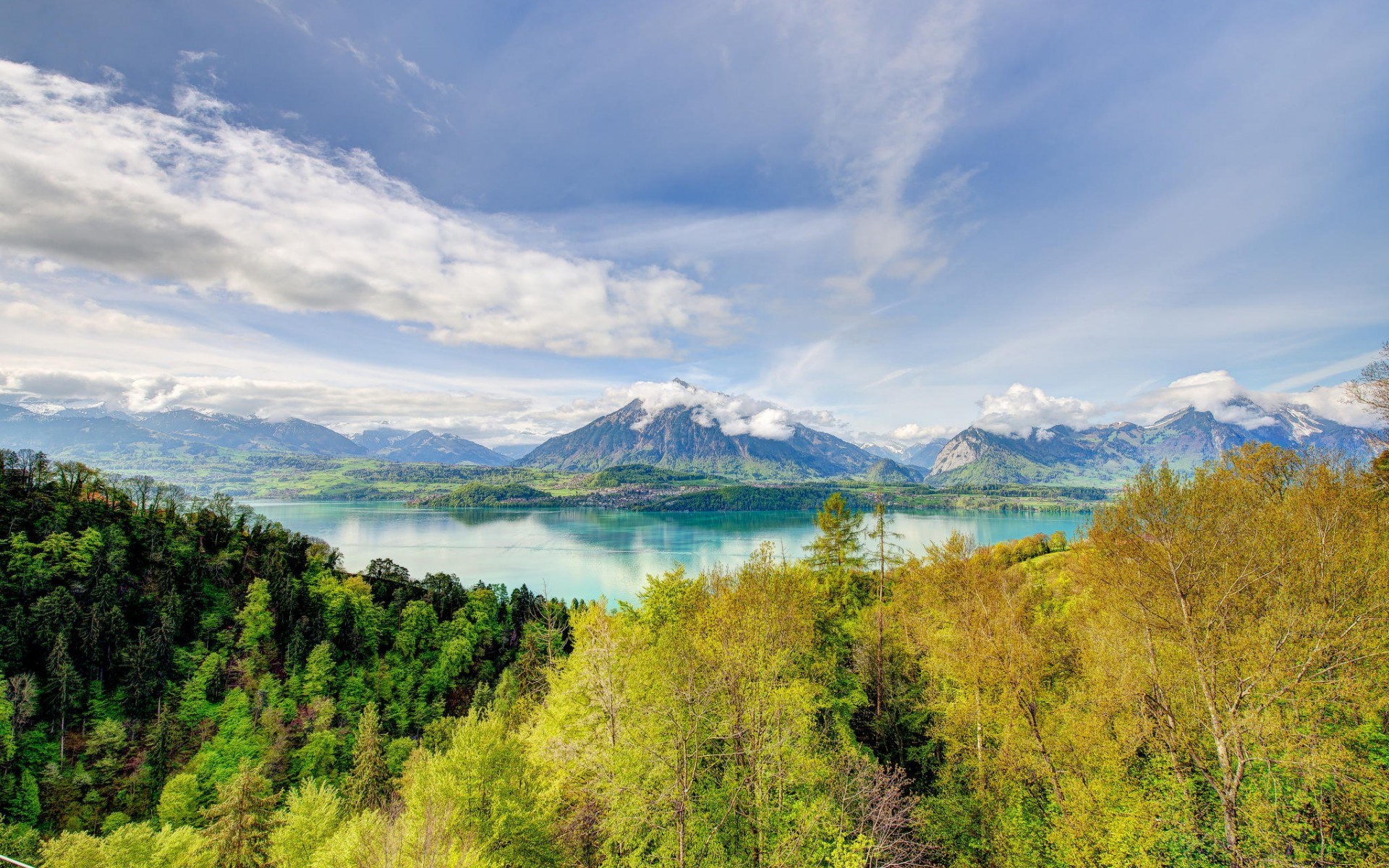 Lake and mountains with trees in the foreground HD Wallpaper