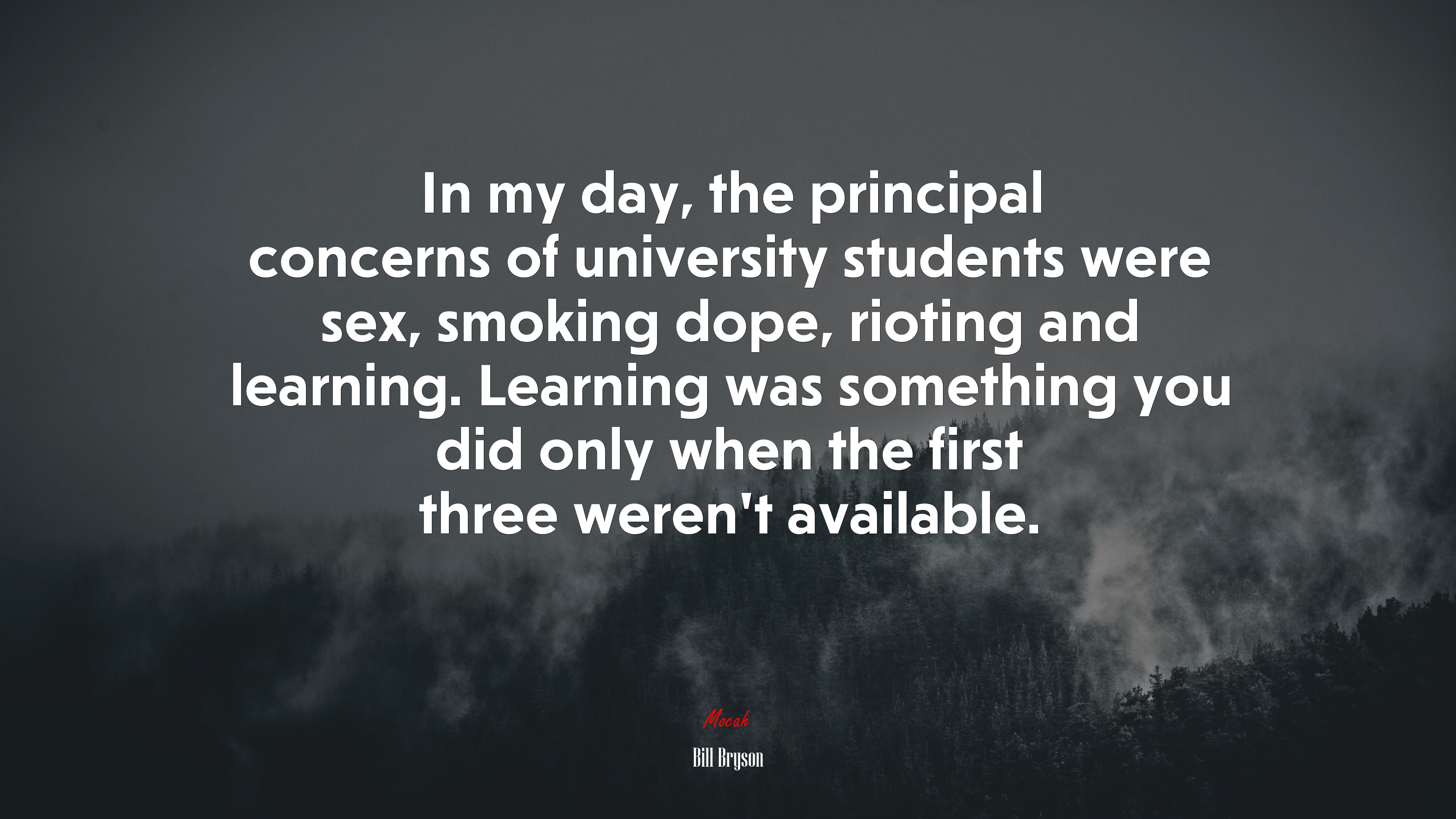 In my day, the principal concerns of university students were sex, smoking dope, rioting and learning. Learning was something you did only when the first three weren’t available. | Bill Bryson quote HD Wallpaper