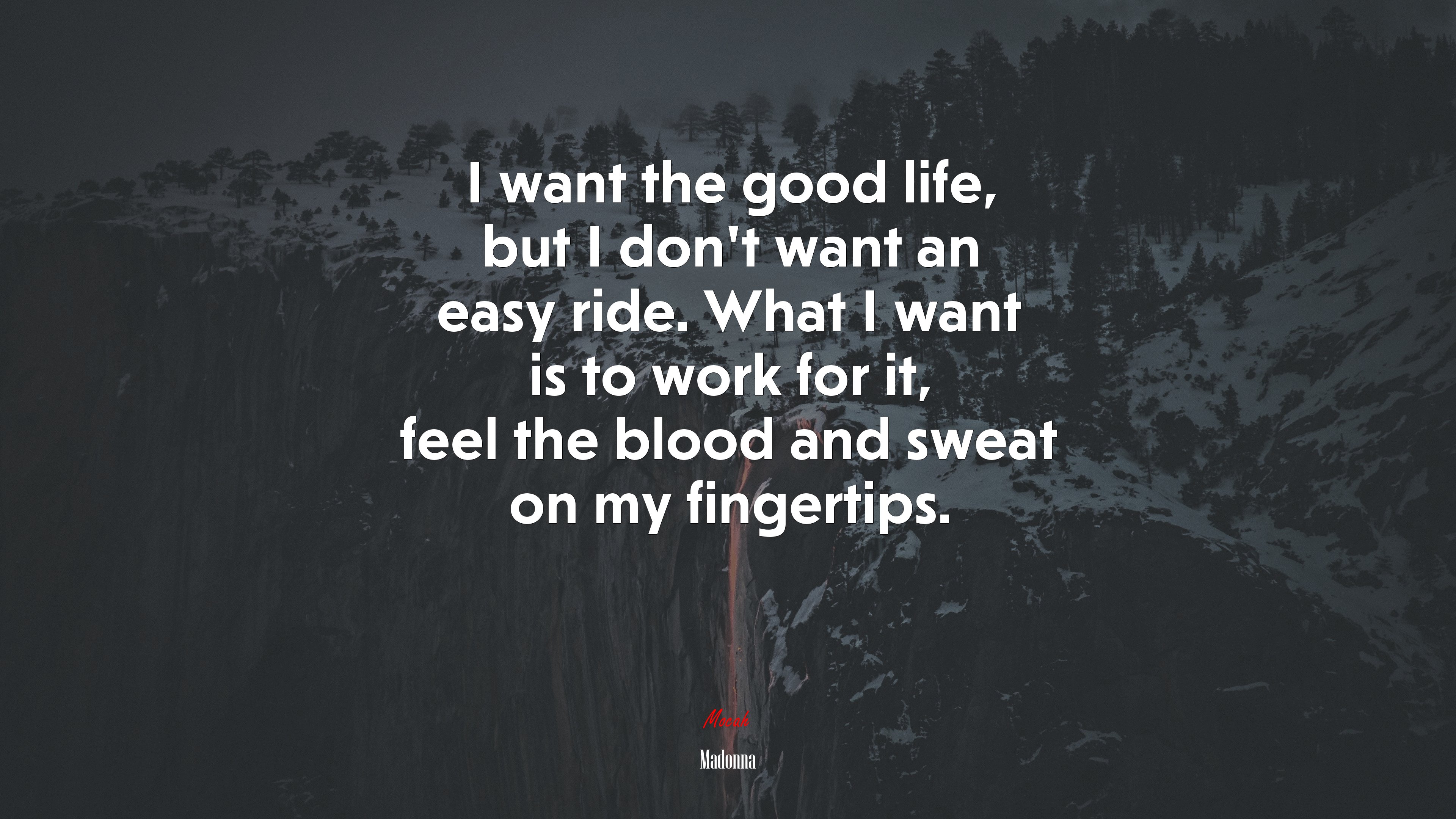 I want the good life, but I don’t want an easy ride. What I want is to work for it, feel the blood and sweat on my fingertips. | Madonna quote HD Wallpaper