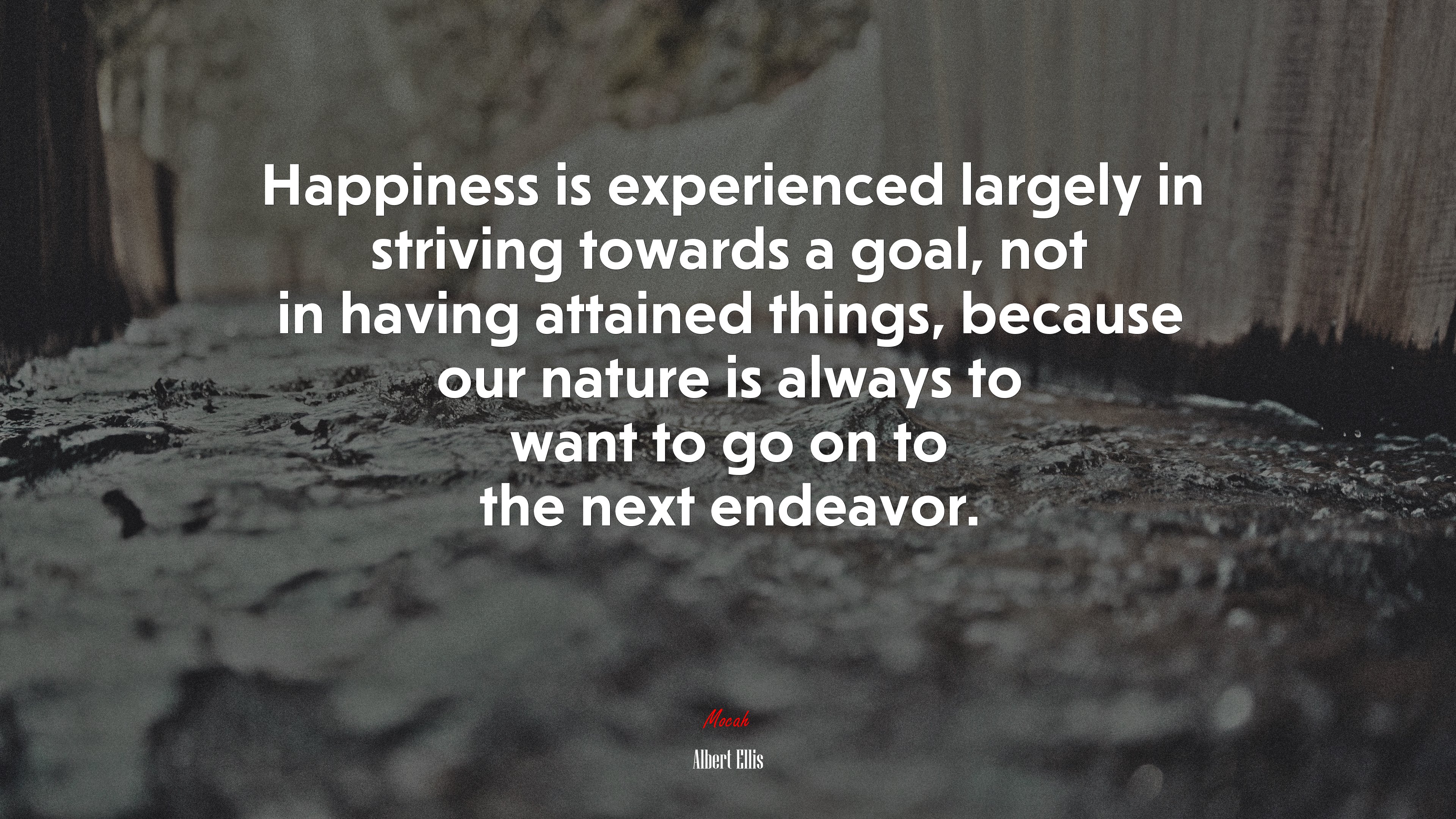 Happiness is experienced largely in striving towards a goal, not in having attained things, because our nature is always to want to go on to the next endeavor. | Albert Ellis quote HD Wallpaper