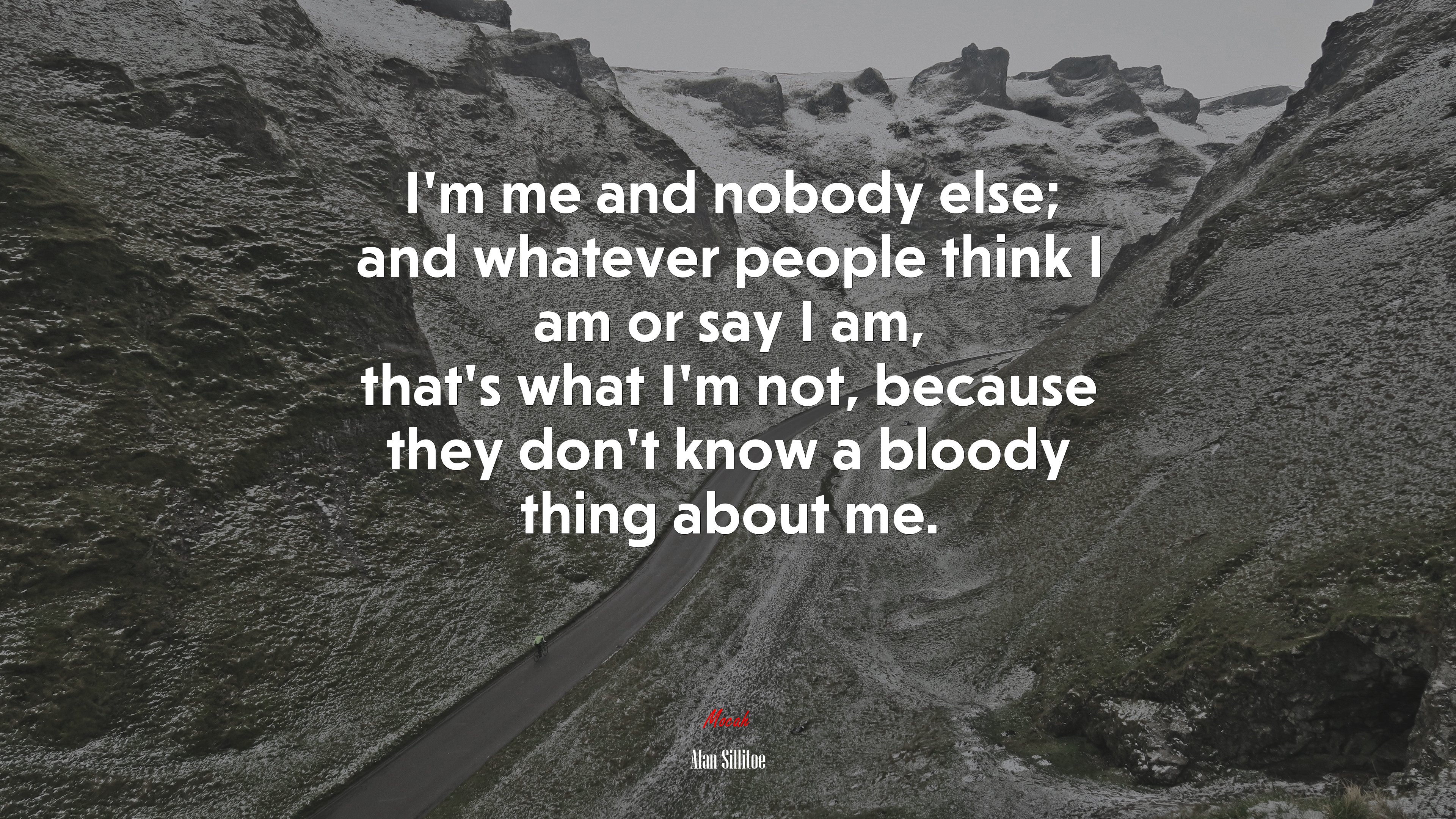 I’m me and nobody else; and whatever people think I am or say I am, that’s what I’m not, because they don’t know a bloody thing about me. | Alan Sillitoe quote HD Wallpaper