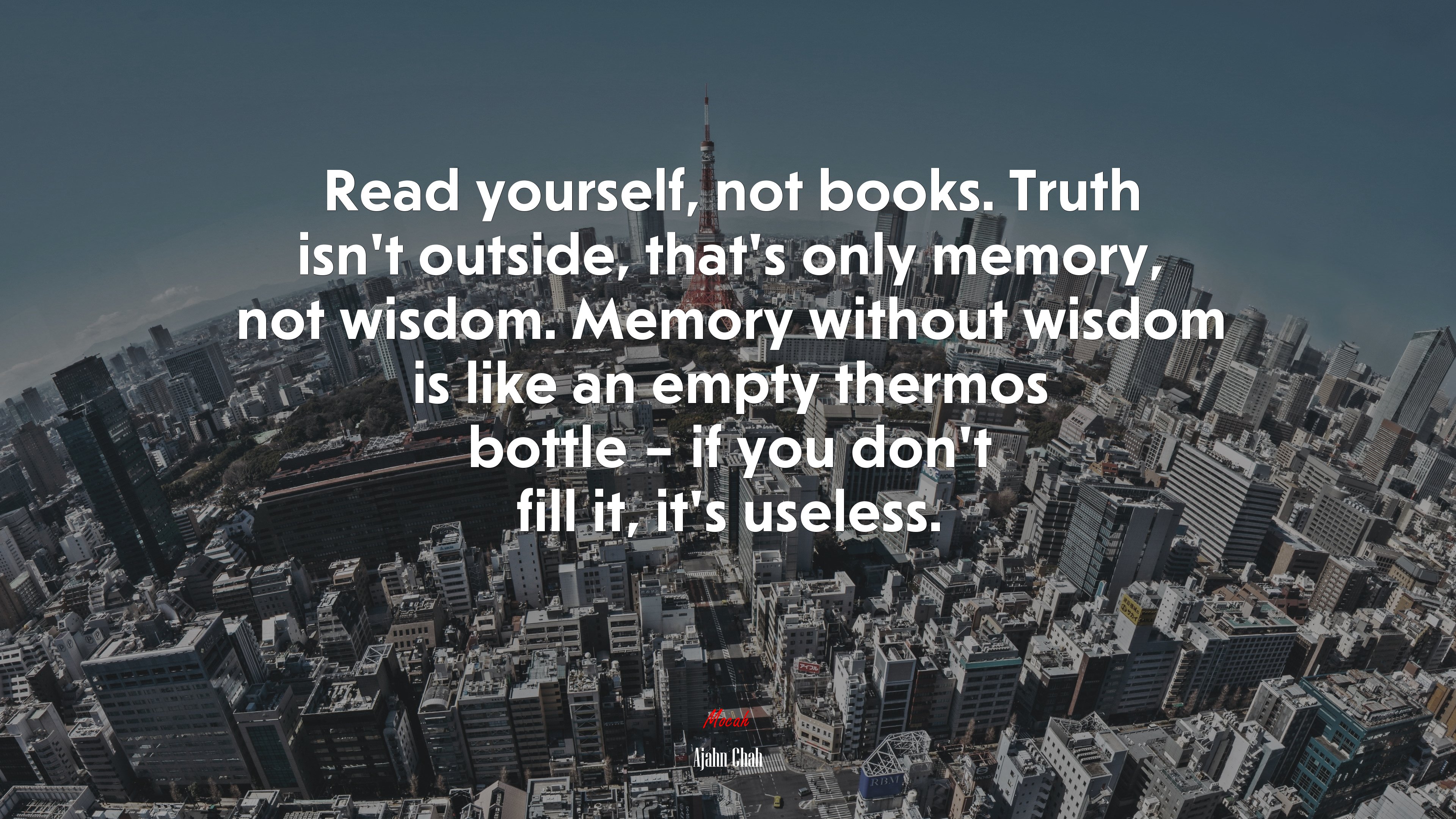 Read yourself, not books. Truth isn’t outside, that’s only memory, not wisdom. Memory without wisdom is like an empty thermos bottle – if you don’t fill it, it’s useless. | Ajahn Chah quote HD Wallpaper